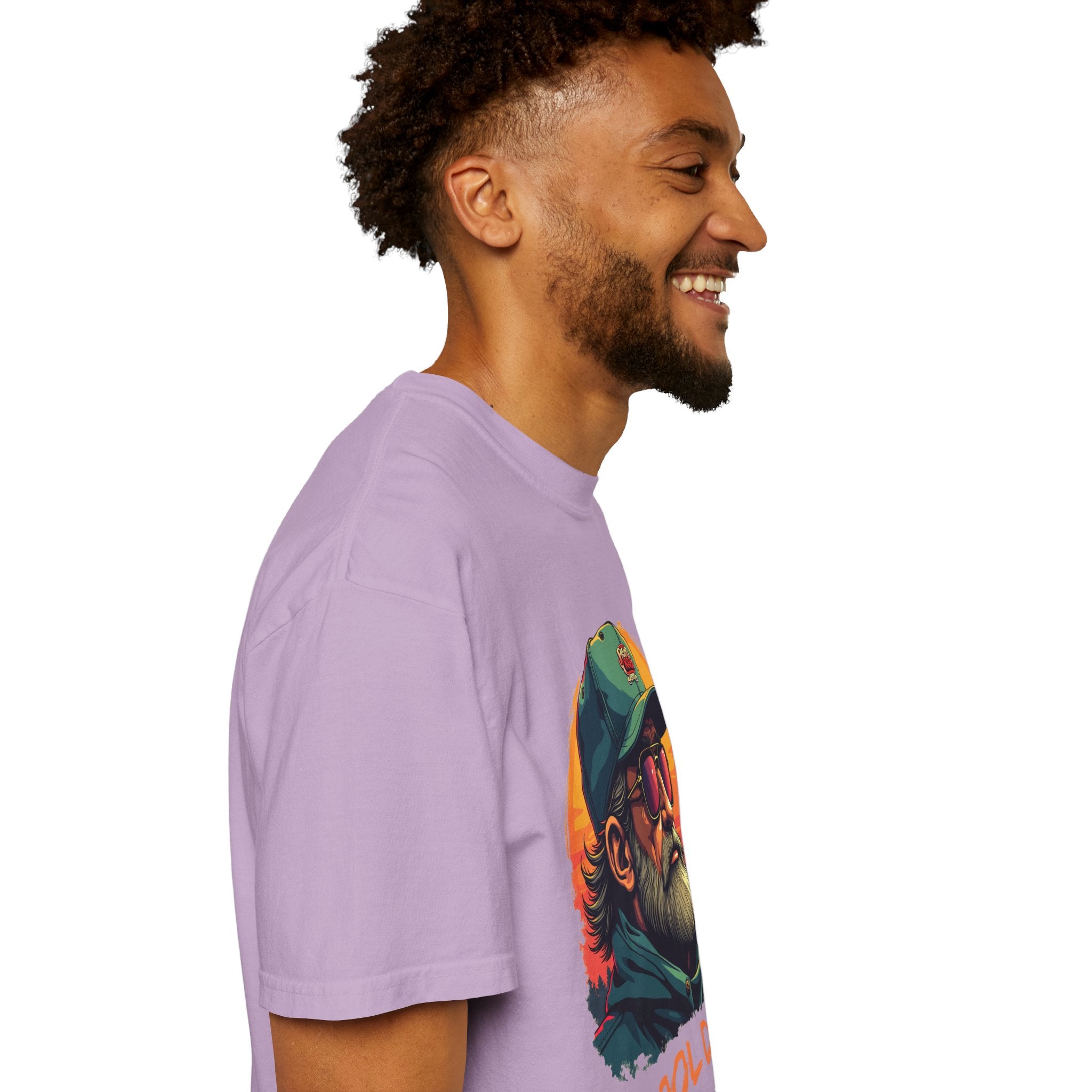 Man wearing a purple t-shirt with a colorful graphic design on a white background