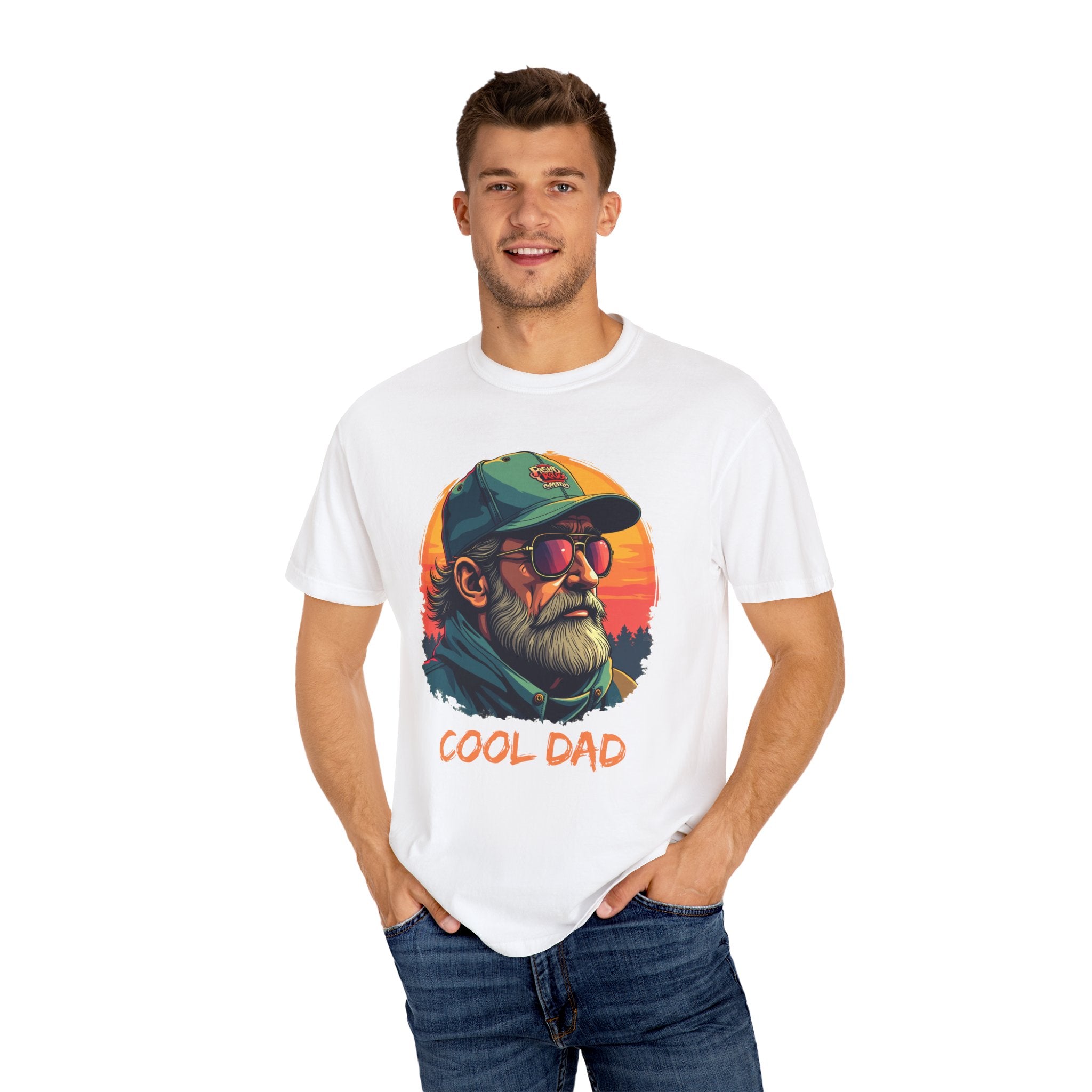 Man wearing a white t-shirt with a 'Cool Dad' graphic design on a white background