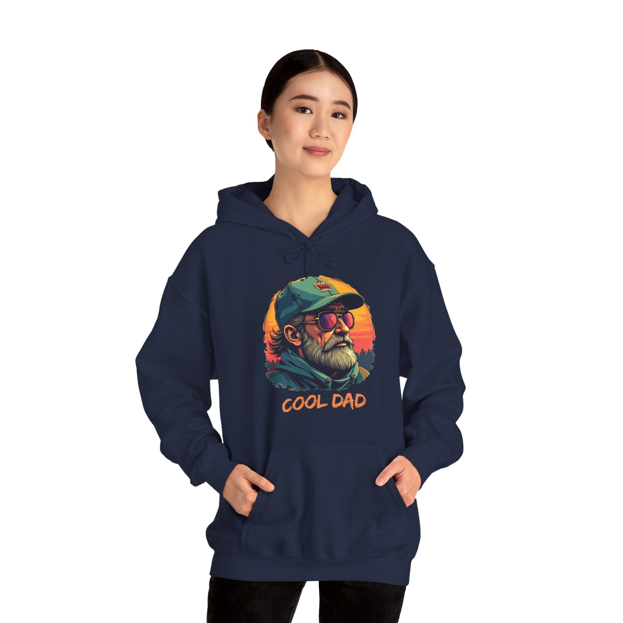 Navy blue hoodie with 'Cool Dad' graphic on a white background