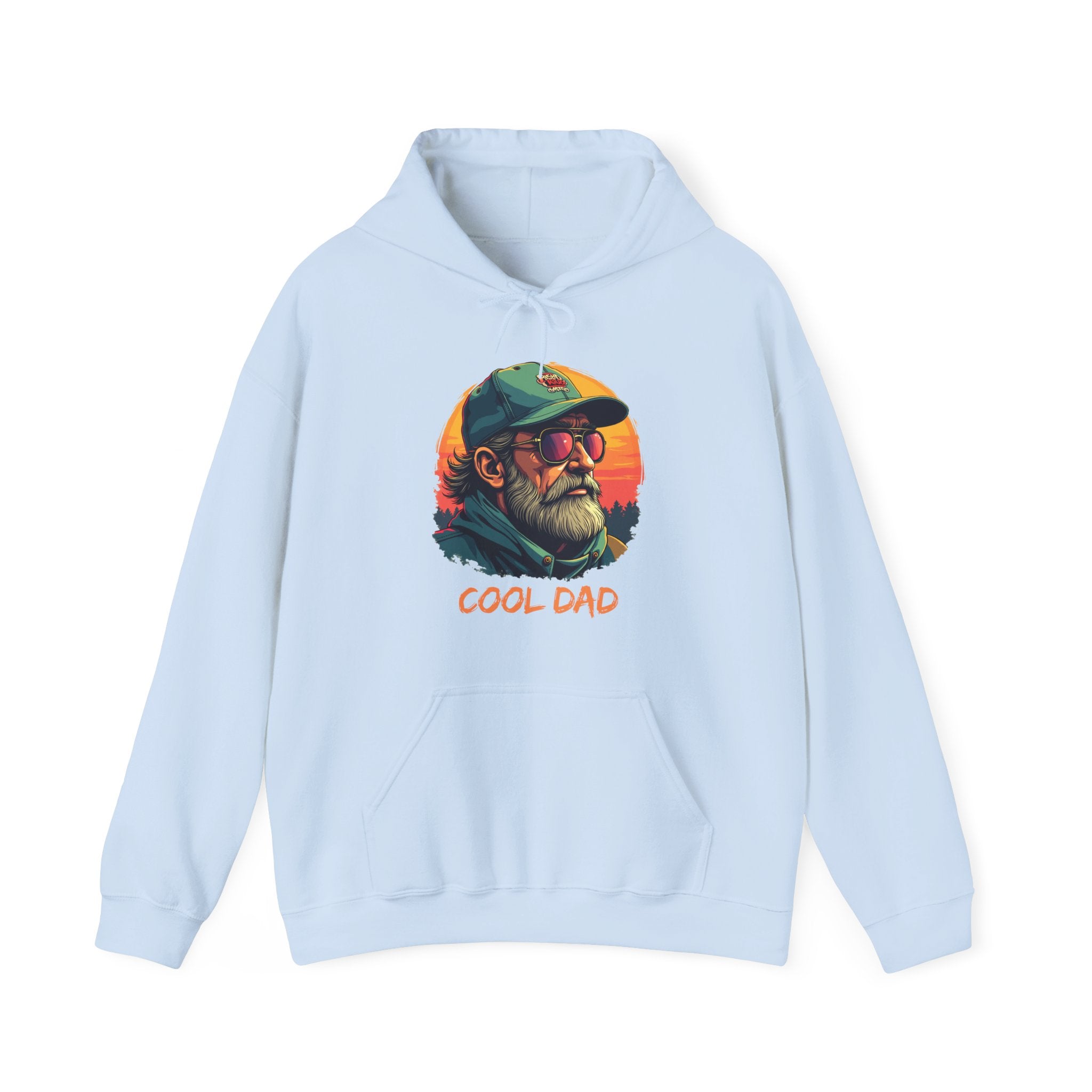Light blue hoodie with a graphic of a man wearing sunglasses and a cap, labeled 'Cool Dad', on a white background.