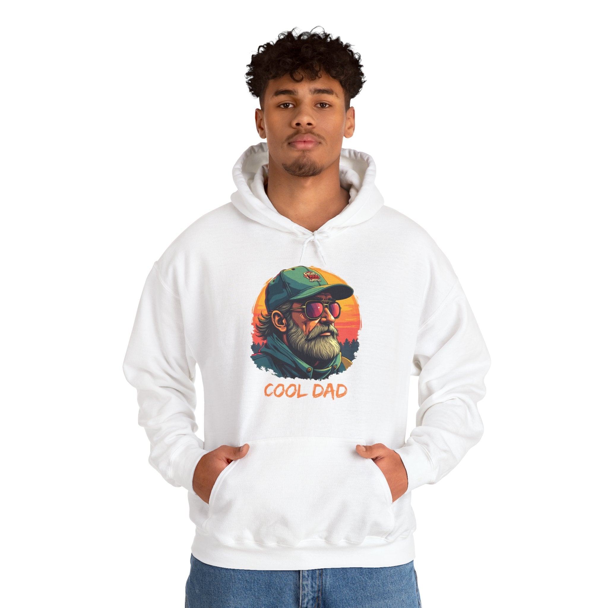 Person wearing a white hoodie with a graphic of a 'Cool Dad' design on a white background