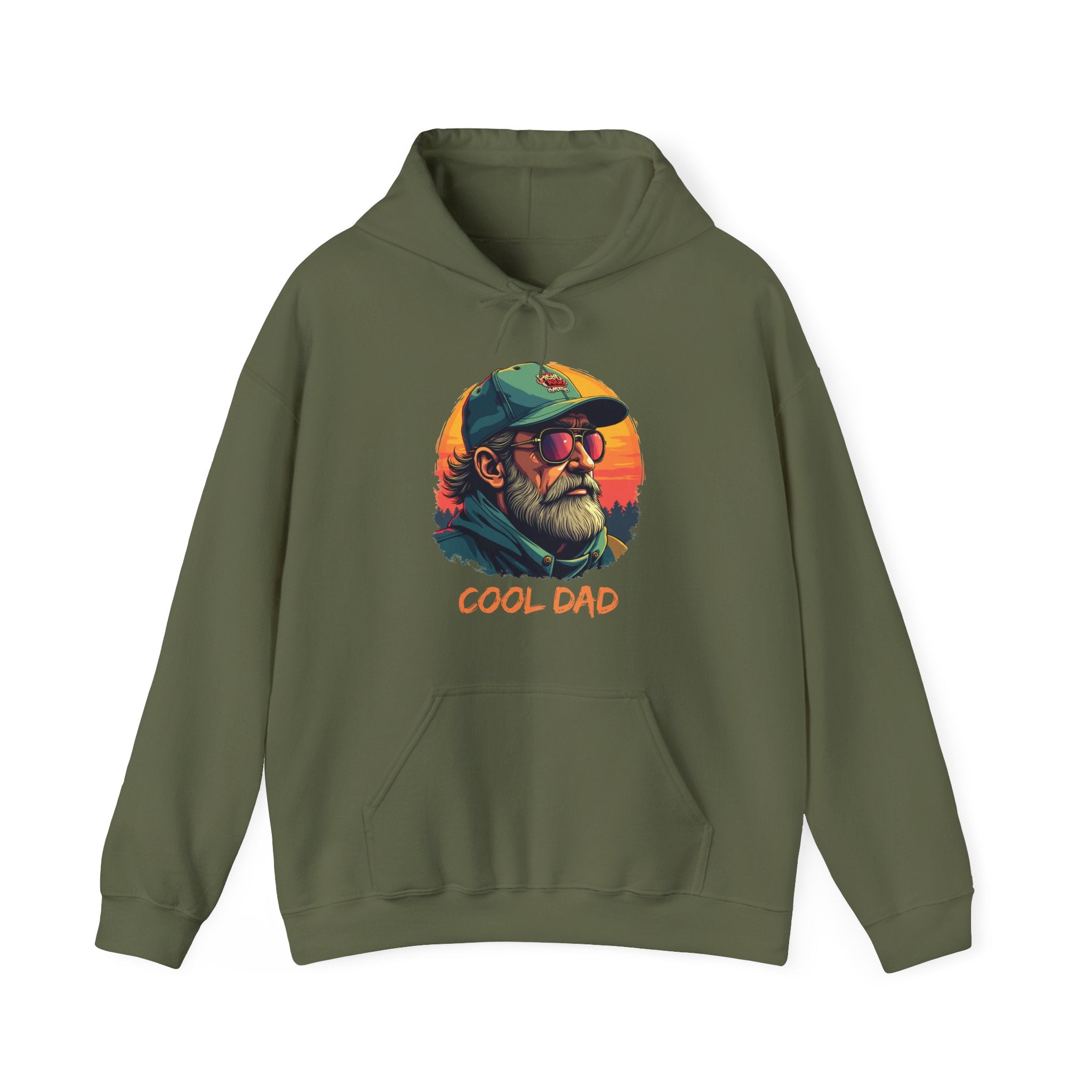 Military green hoodie with 'Cool Dad' graphic on a white background