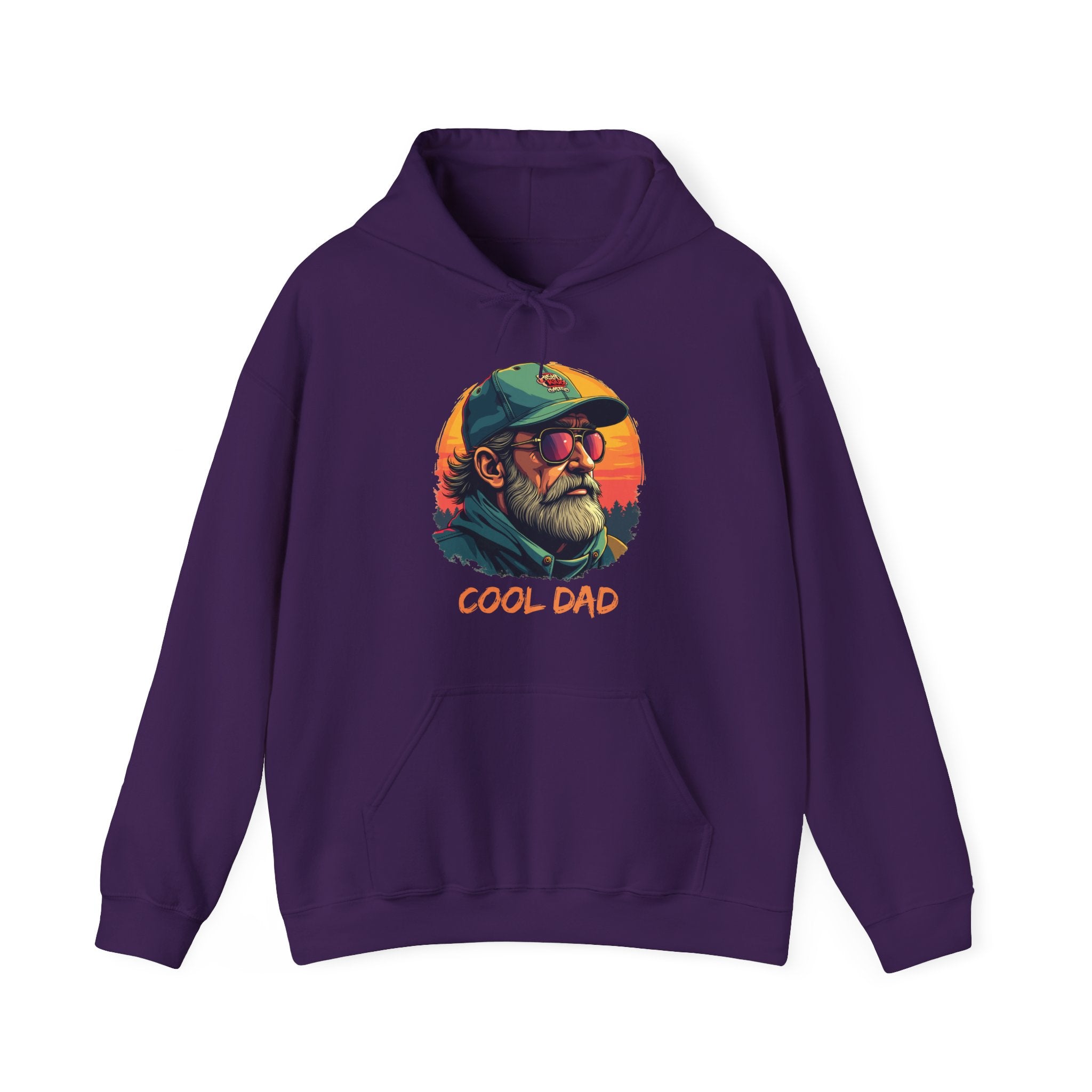 Purple hoodie with a graphic of a 'Cool Dad' design on a white background