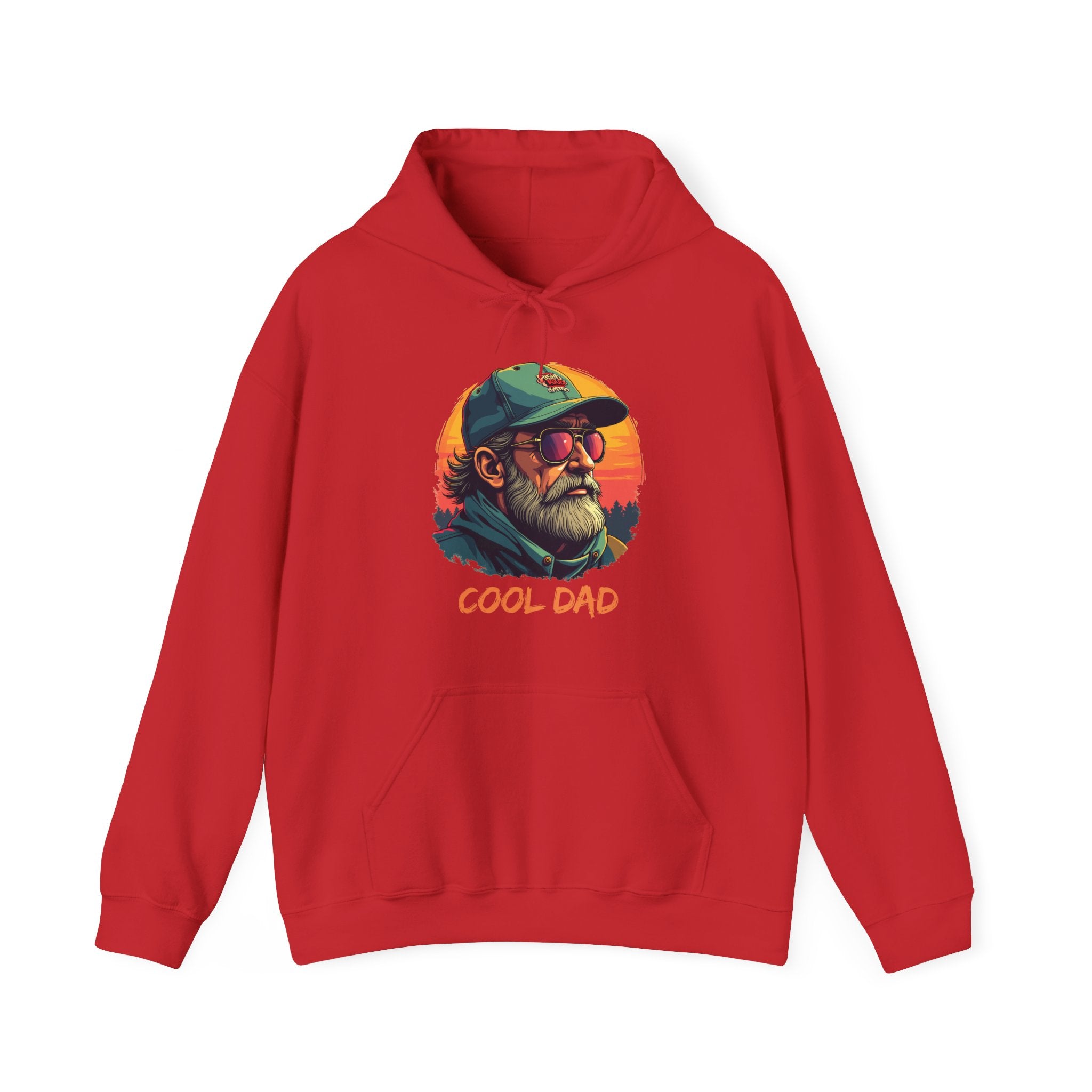 Red hoodie with a graphic of a 'Cool Dad' design on a white background