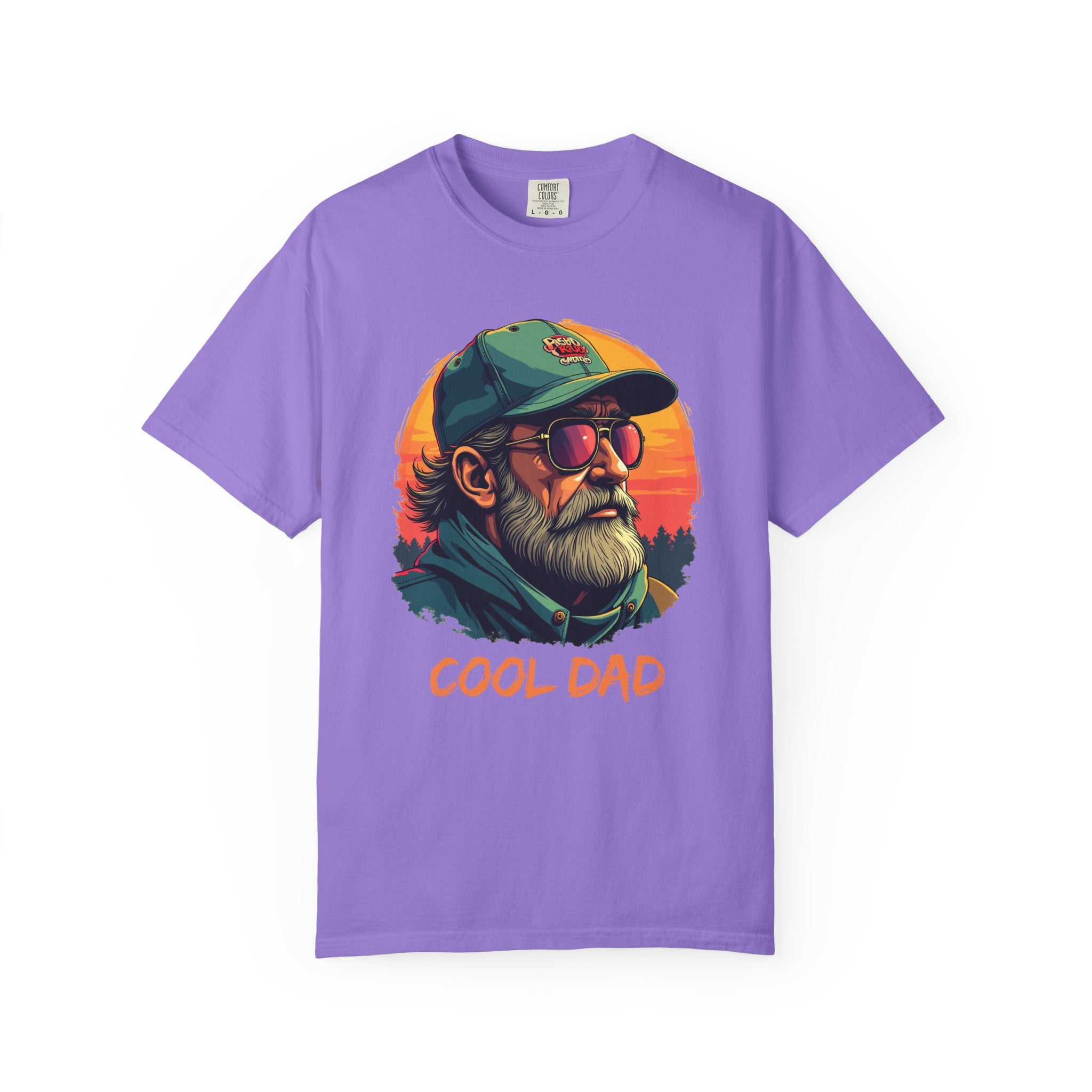 Purple t-shirt with a graphic of a 'Cool Dad' design on a white background