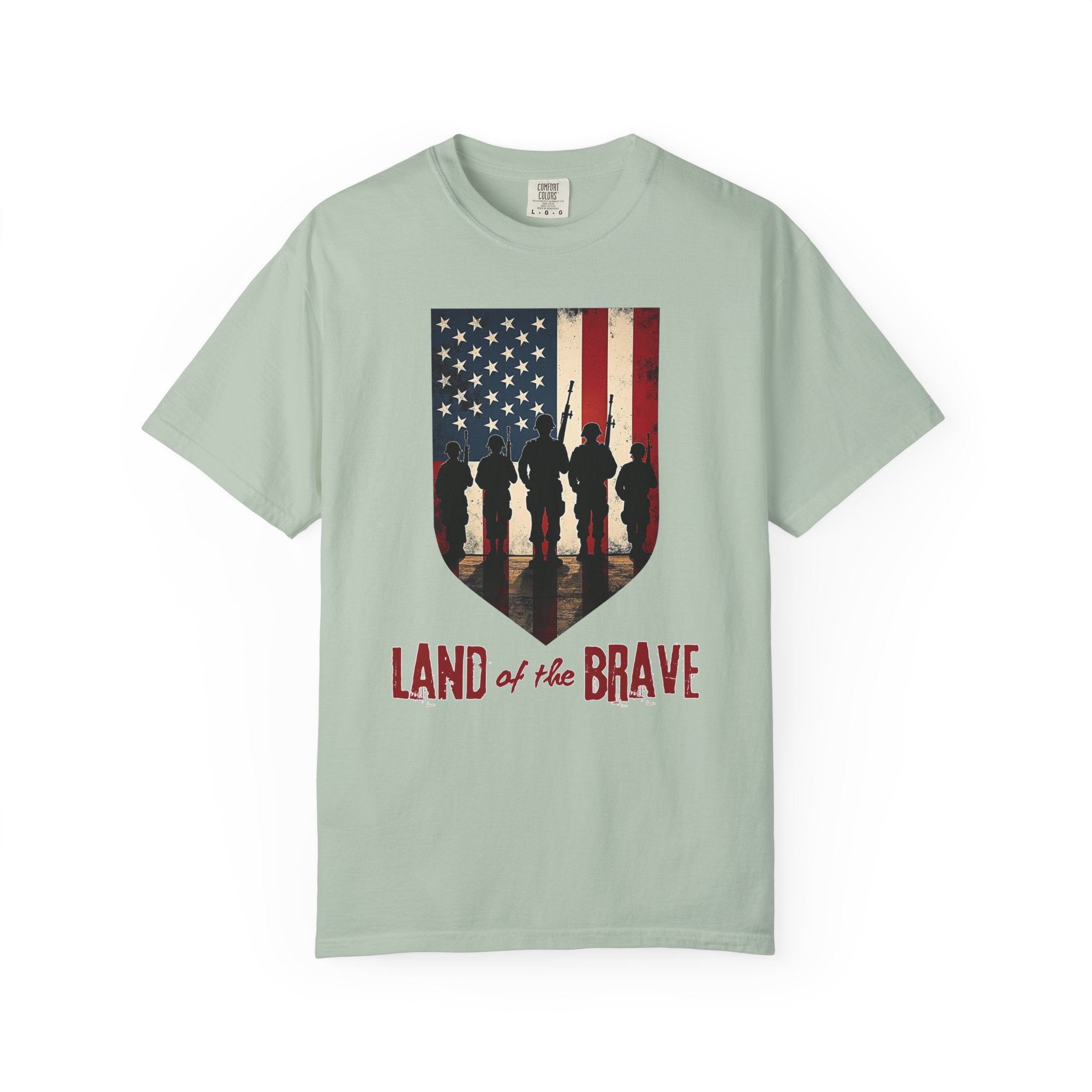 Bay light green t-shirt with American flag and silhouette design on a white background