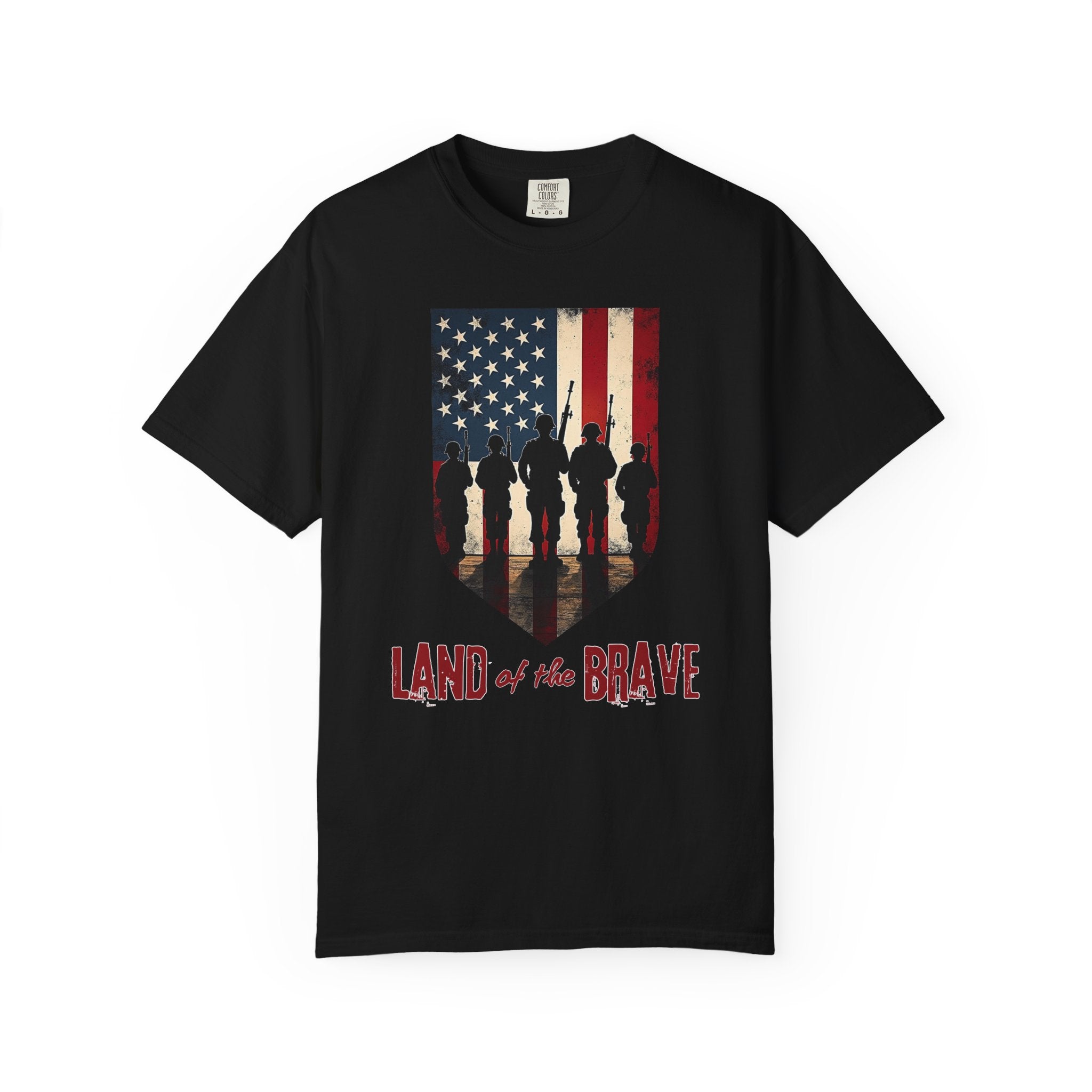 Black t-shirt with American flag and silhouette design on a white background