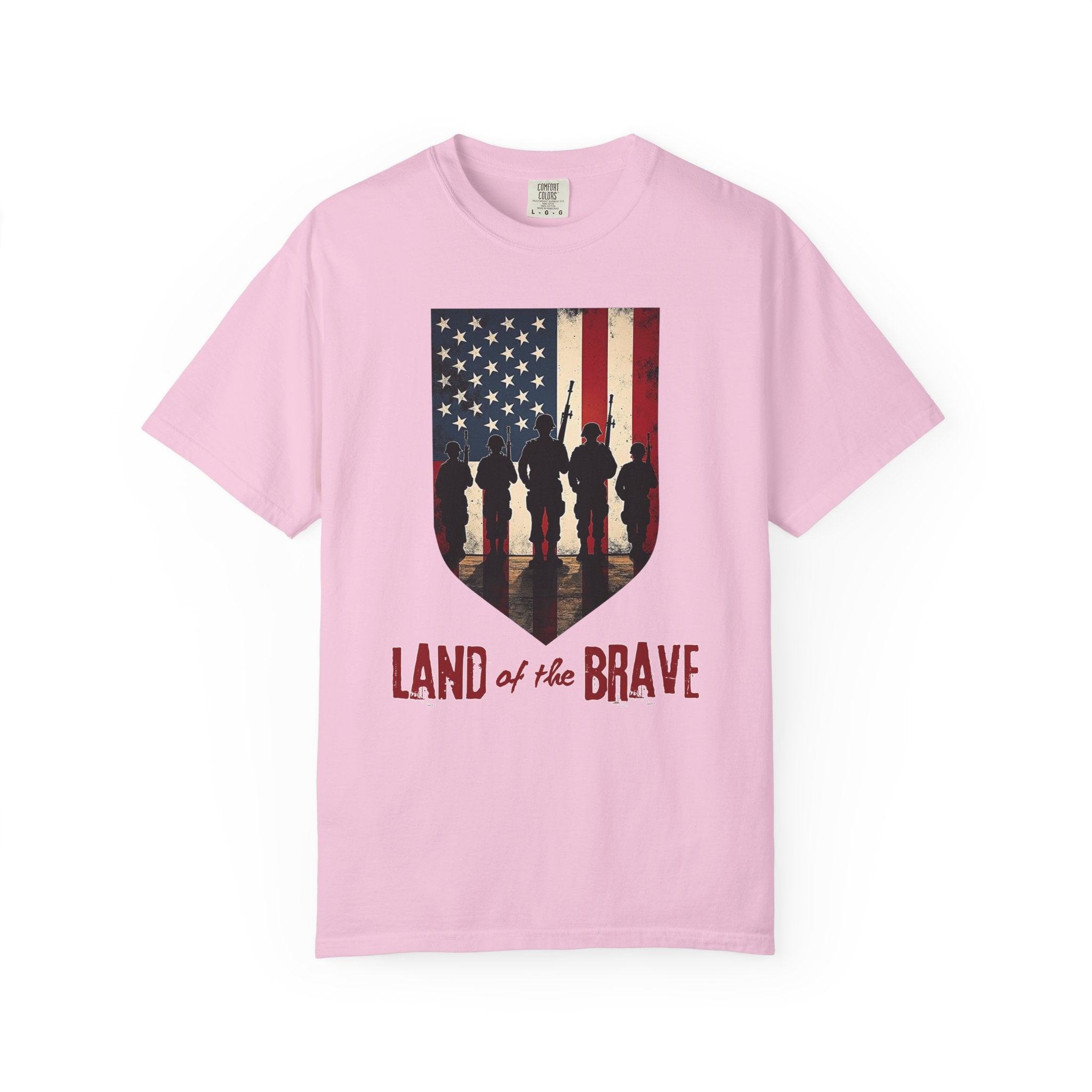 Blossom pink t-shirt with American flag and silhouette design on a white background