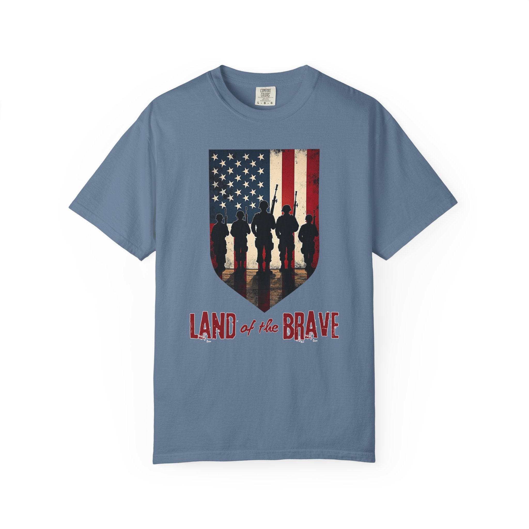 Blue jean t-shirt with American flag and silhouette design on a white background