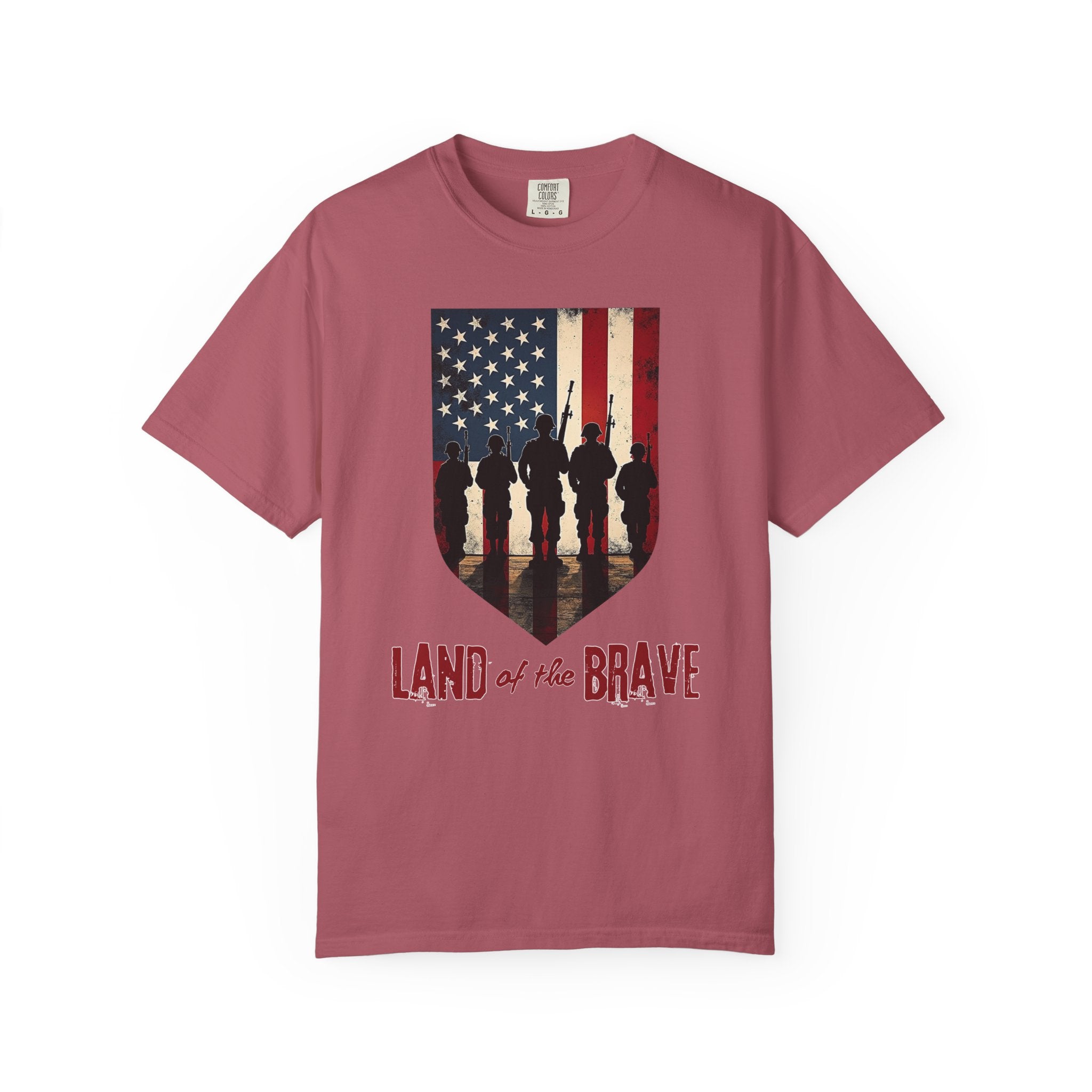 Crimson t-shirt with American flag and silhouette design on a white background