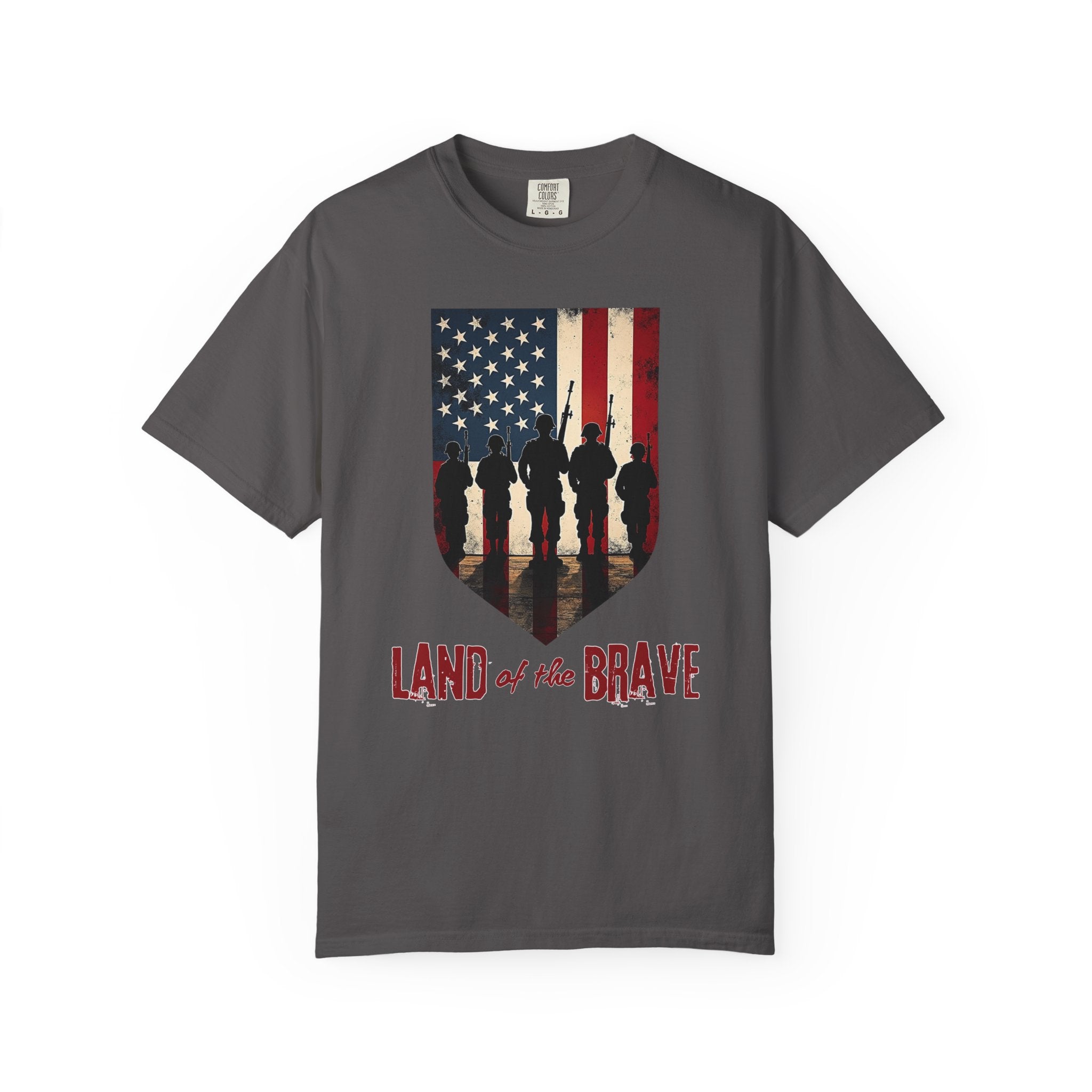 Graphite gray t-shirt with American flag and silhouette design on a white background