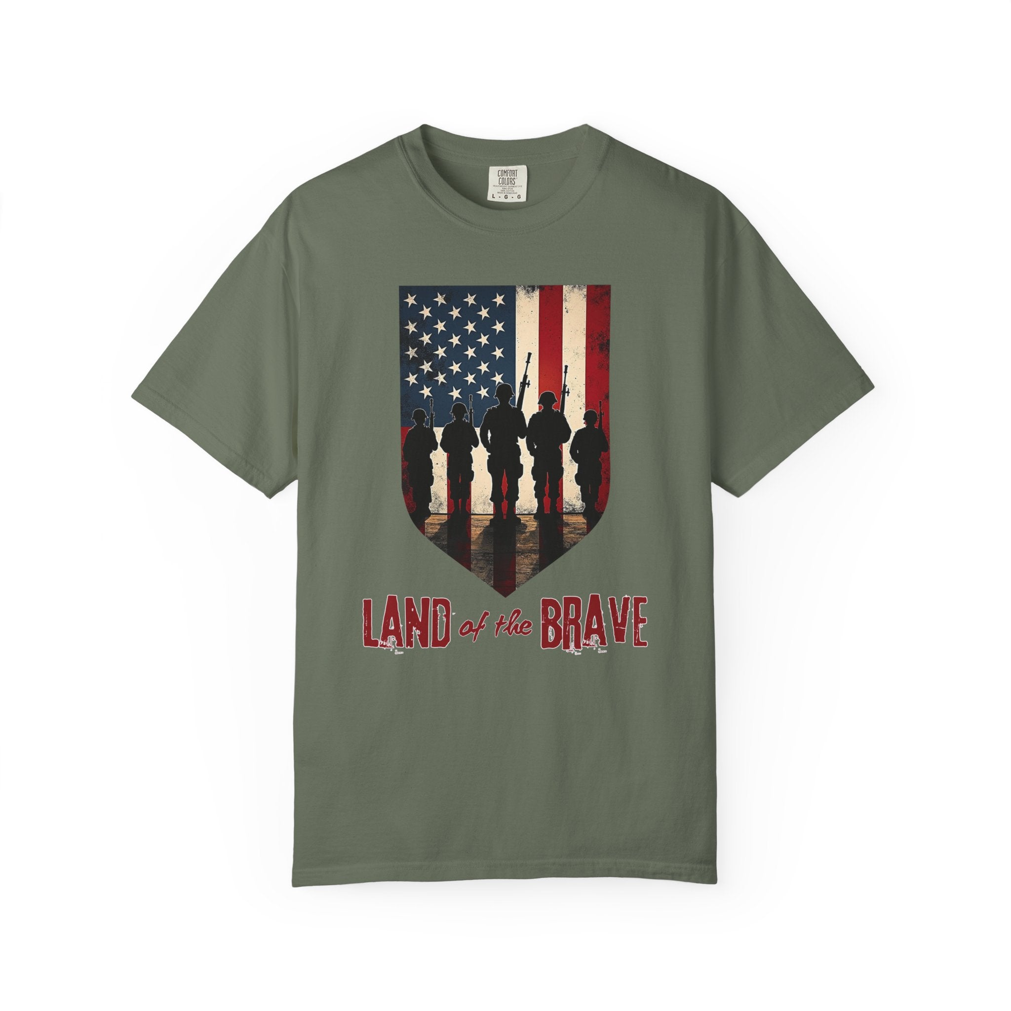 Moss green t-shirt with American flag and silhouette design on a white background
