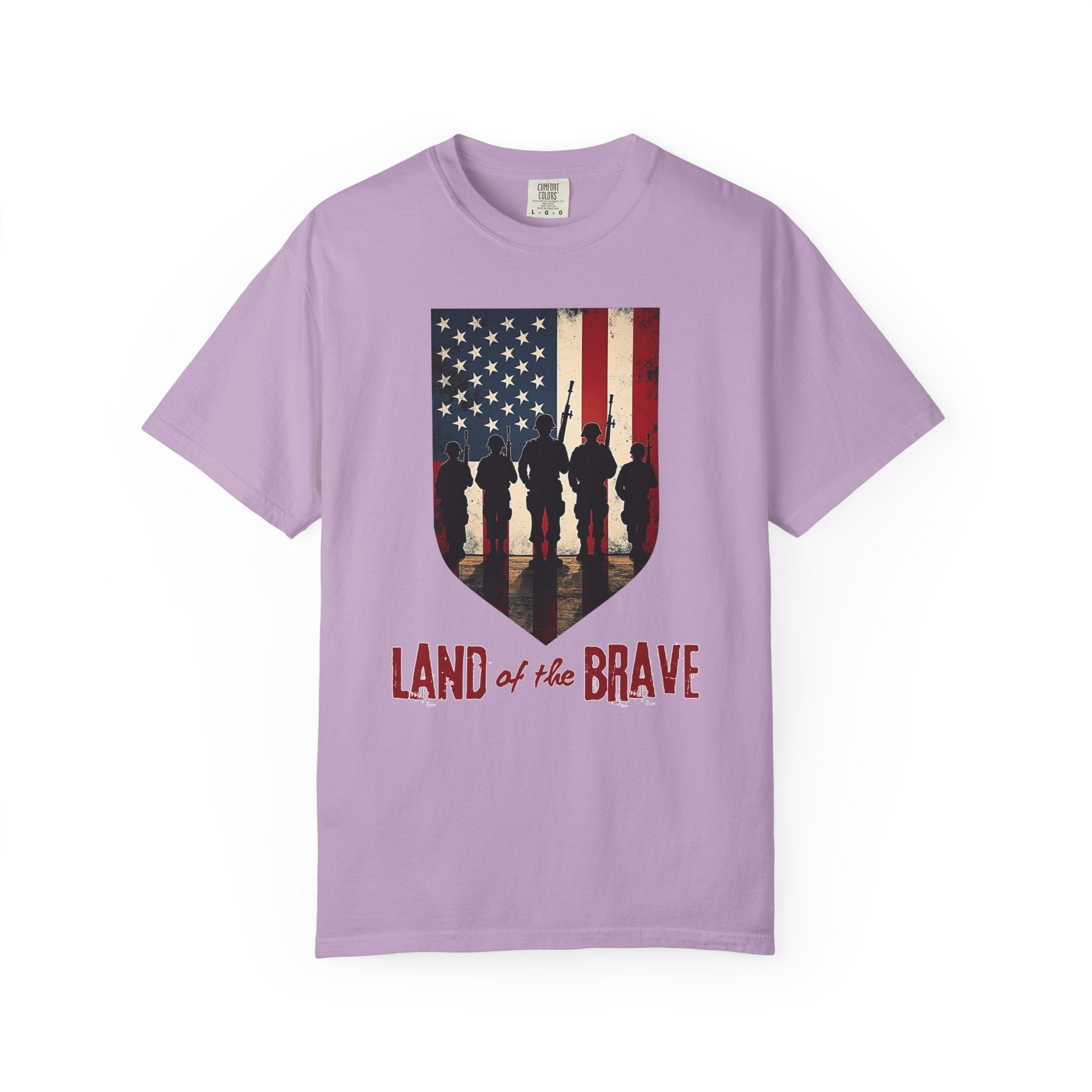 Orchid purple t-shirt with American flag and silhouette design on a white background