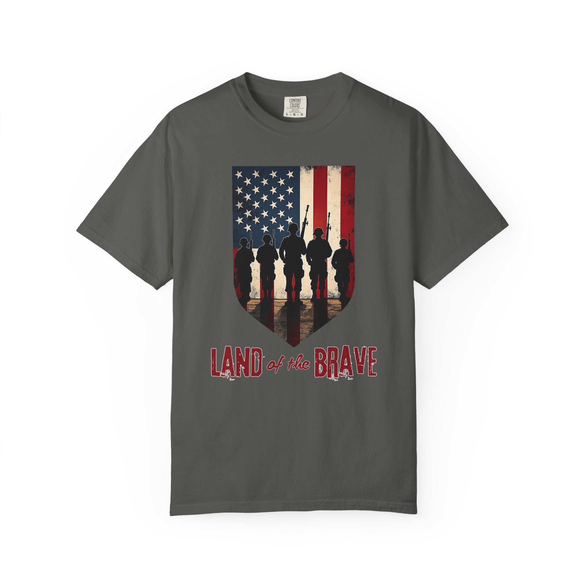 Pepper gray t-shirt with American flag and silhouette design on a white background