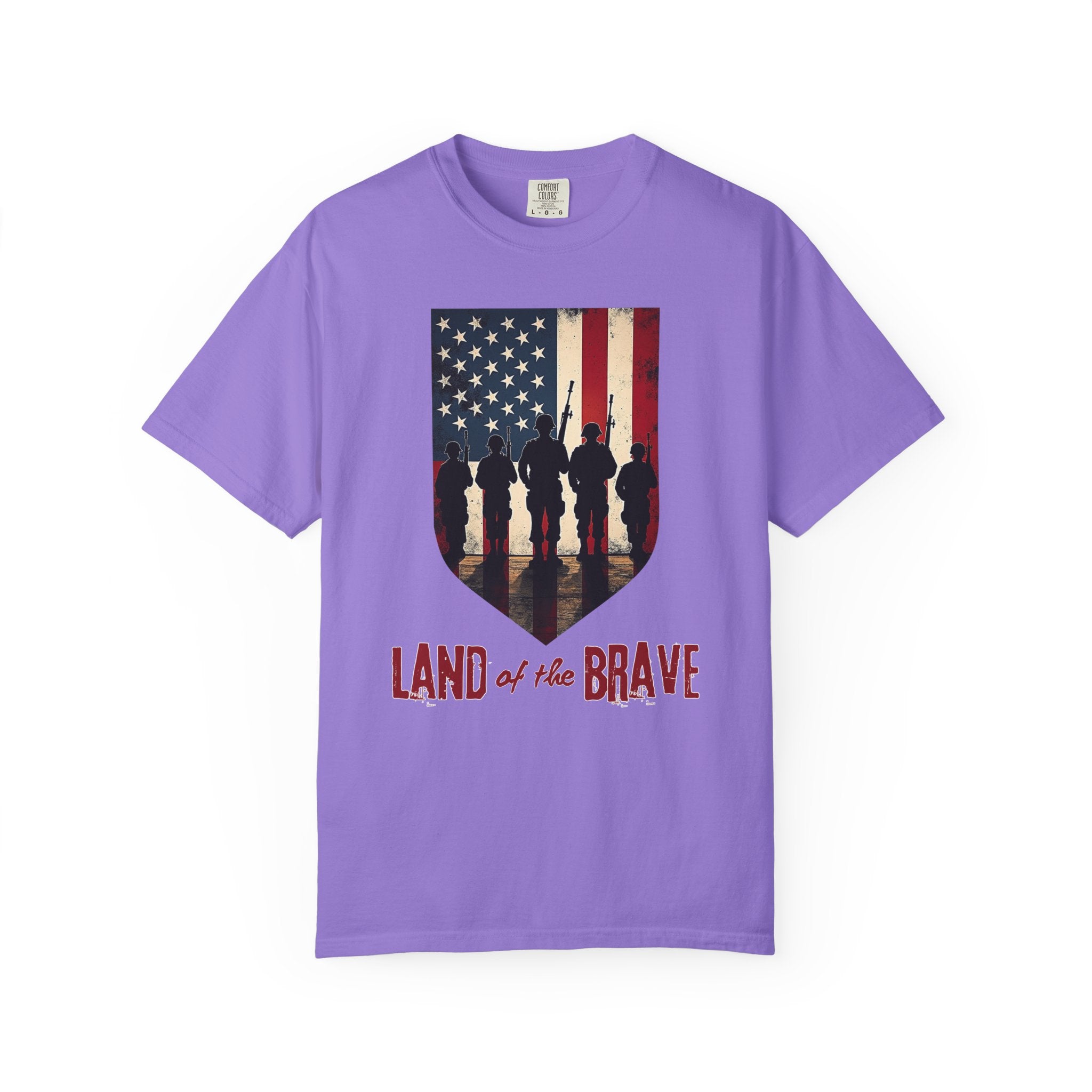 Purple t-shirt with American flag and silhouette design on a white background