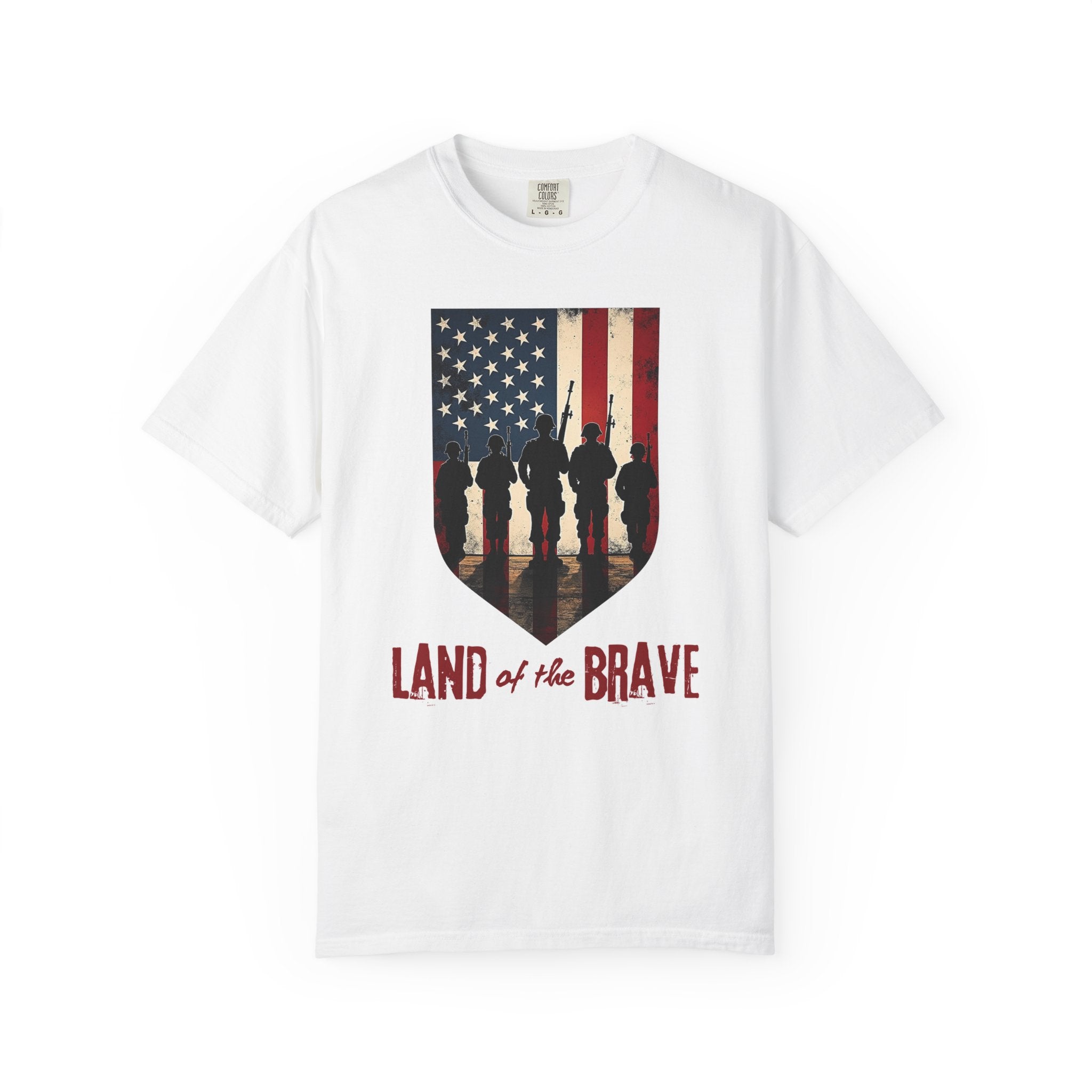 White t-shirt with American flag and silhouette design on a white background