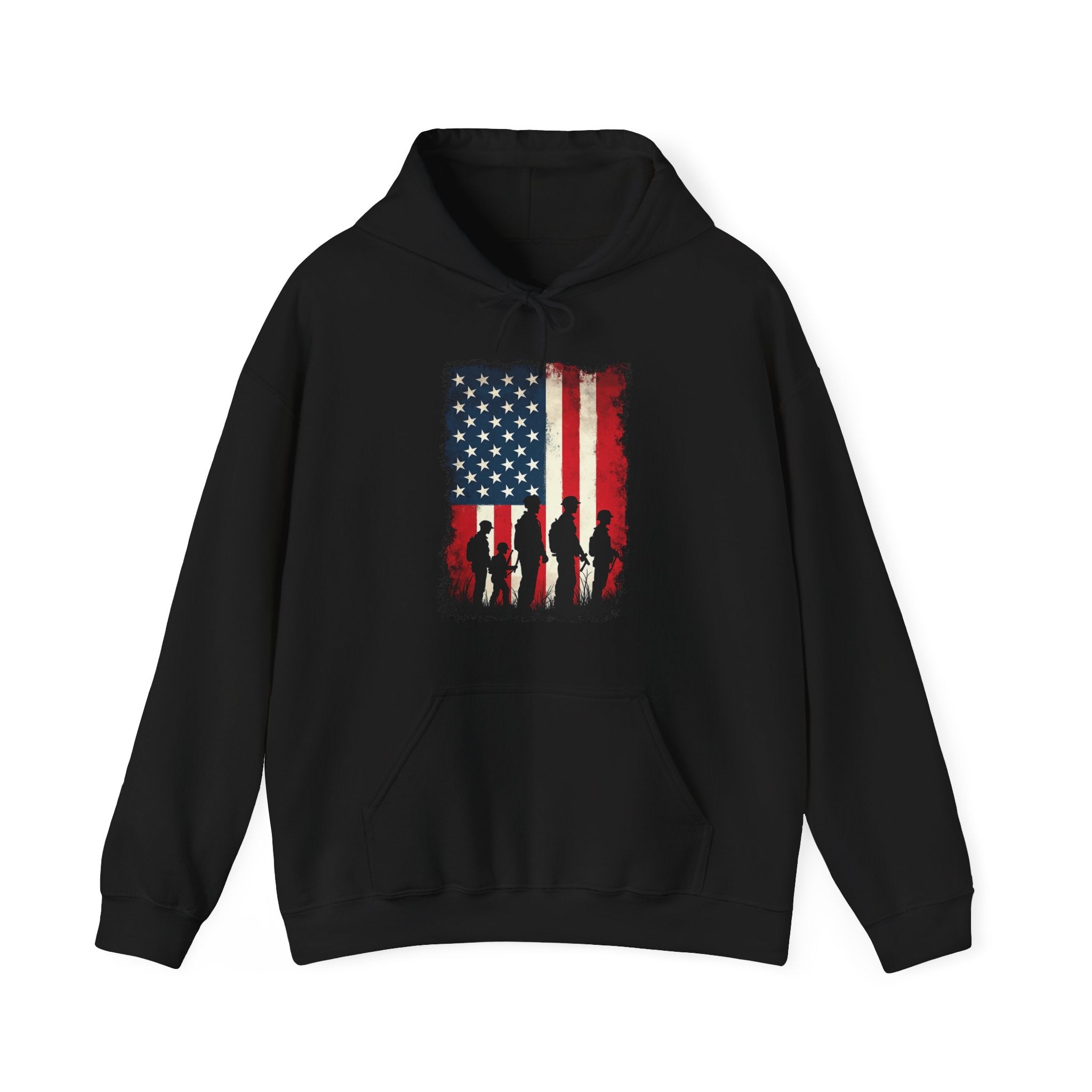 Black hoodie with American flag and silhouette design on a white background