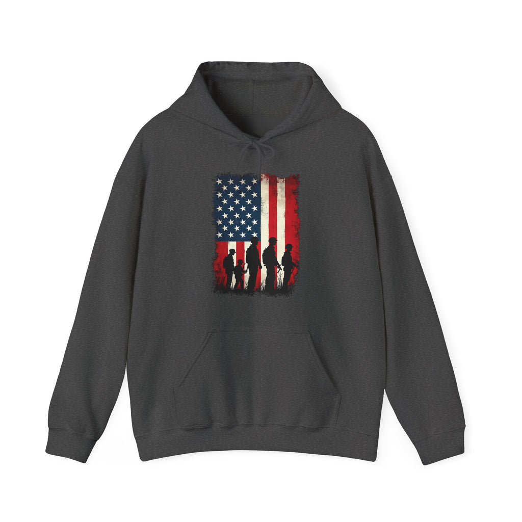 Gray hoodie with American flag and silhouette design on a white background