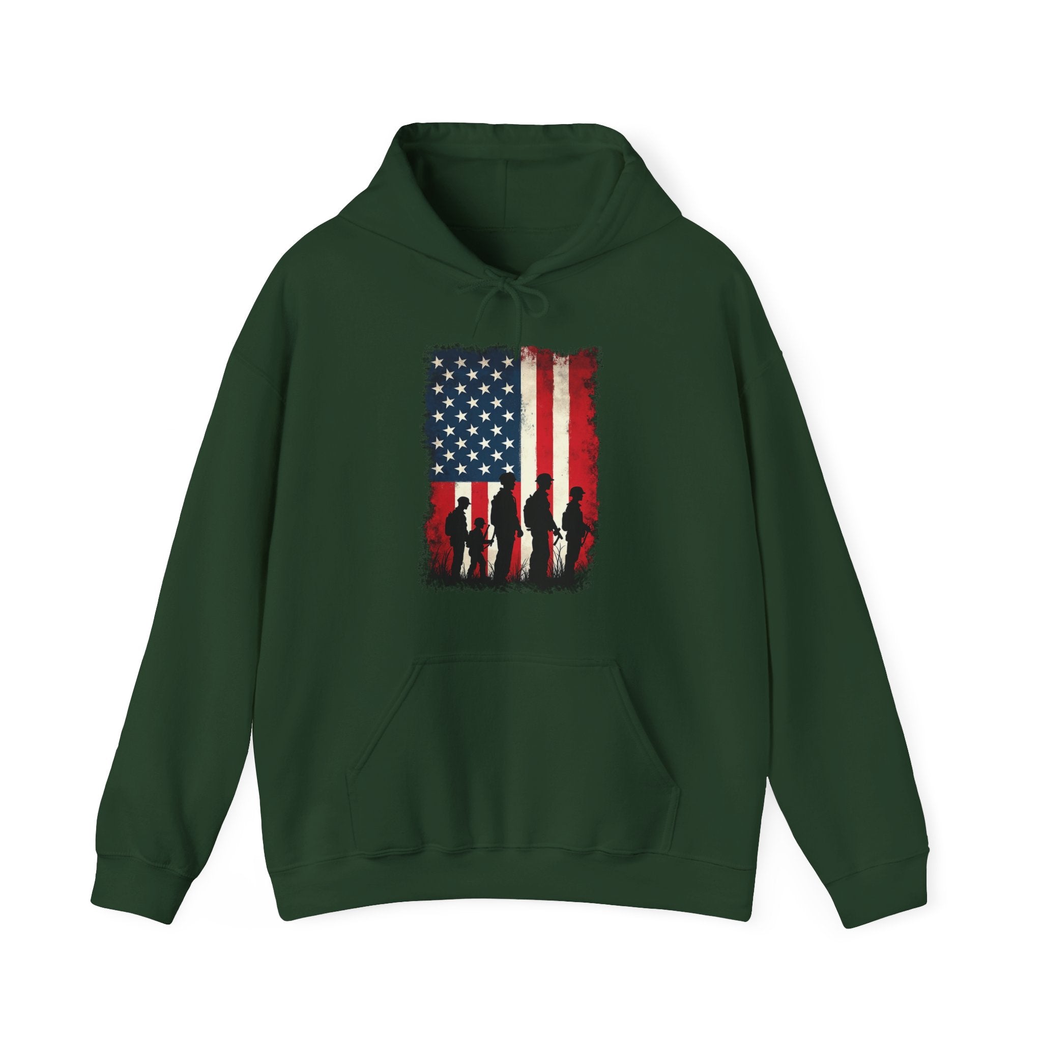 Forest green hoodie with American flag and silhouette design on a white background