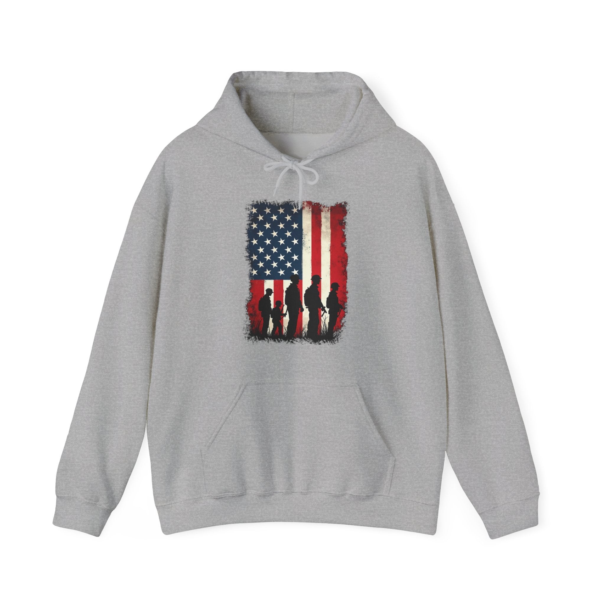 Gray hoodie with American flag and silhouette design on a white background