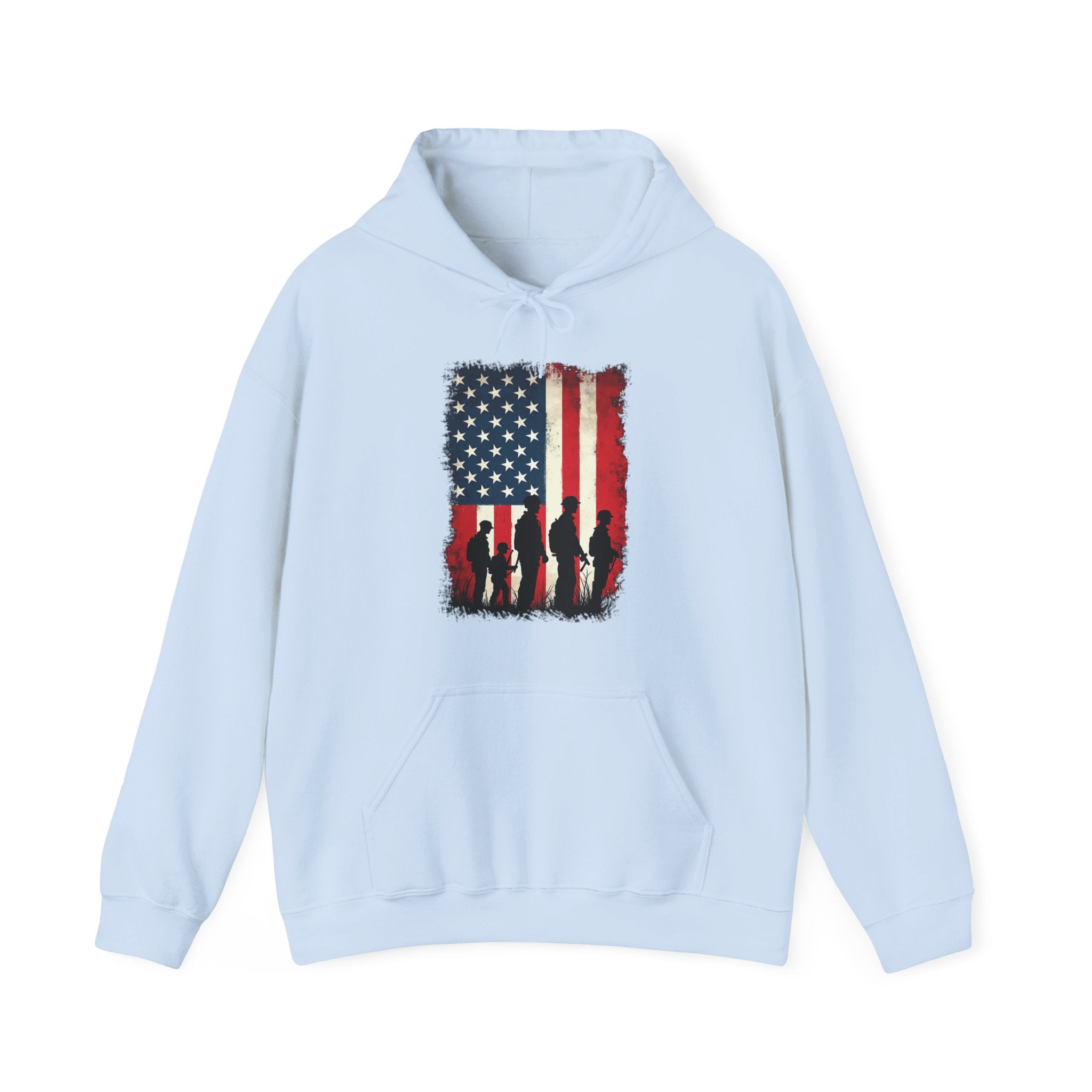 Light blue hoodie with American flag and silhouette design on a white background