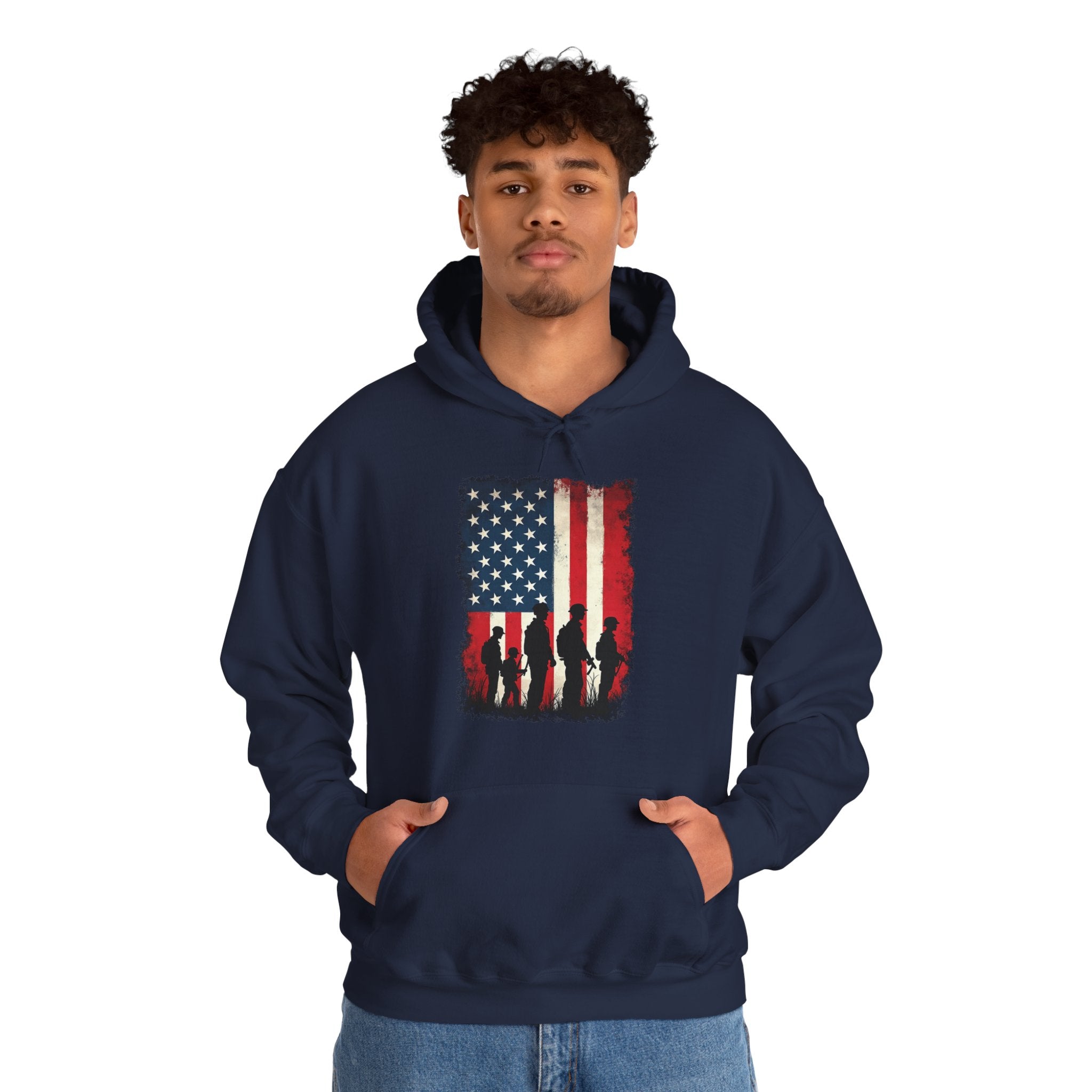 Person wearing a navy hoodie with an American flag and silhouette design on a white background