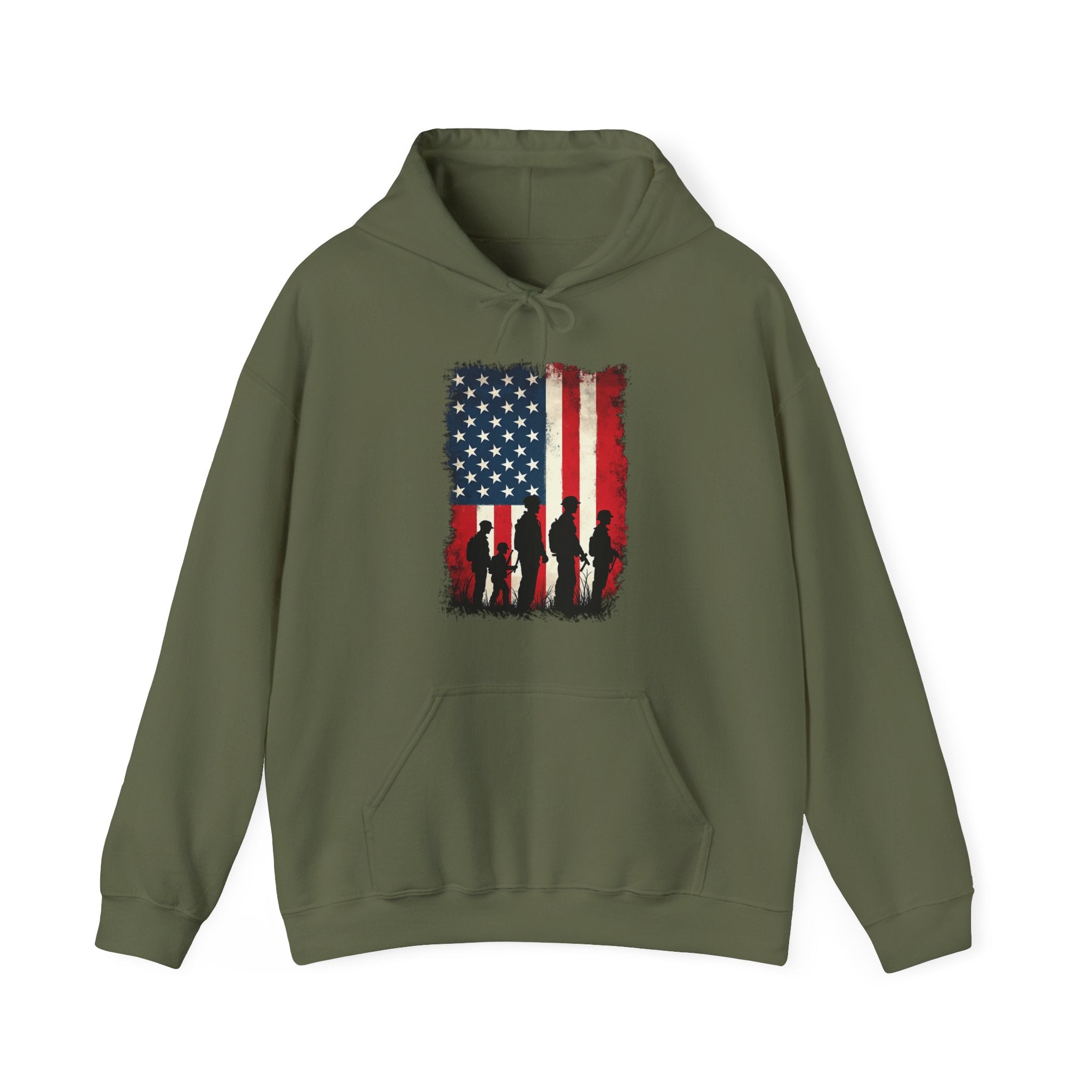 Military green hoodie with American flag and silhouette design on a white background