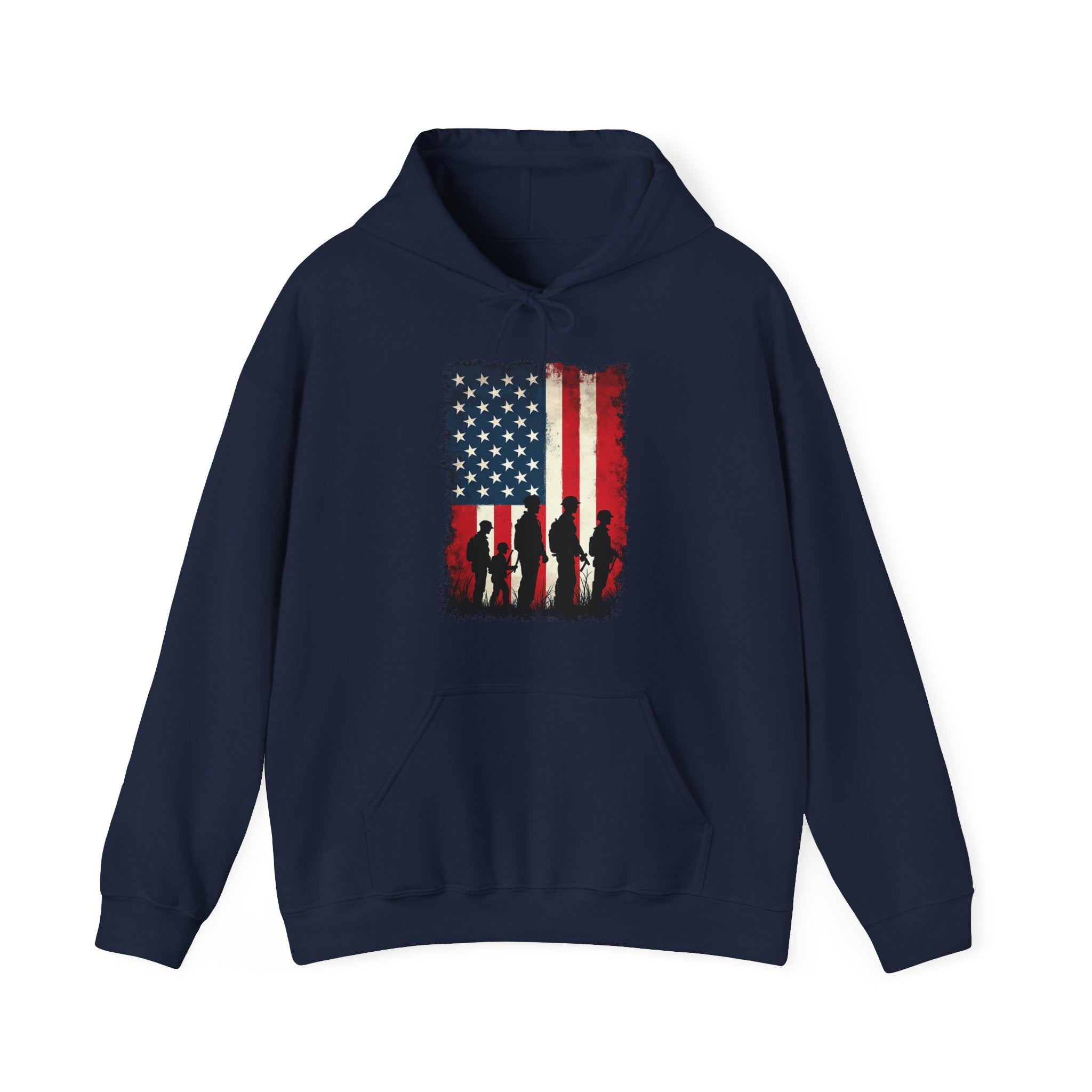 Navy blue hoodie with American flag and silhouette design on a white background