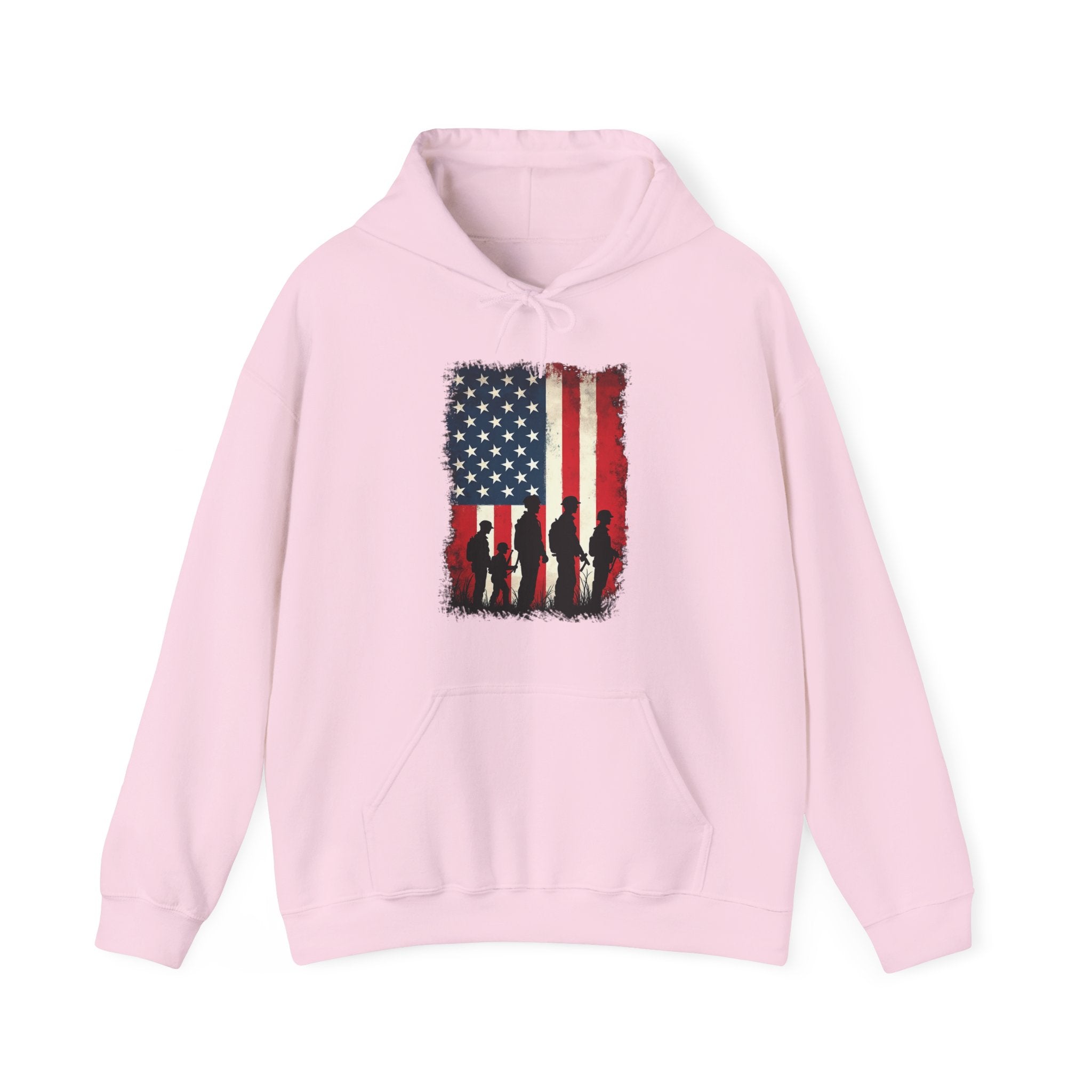 Pink hoodie with American flag and silhouette design on a white background