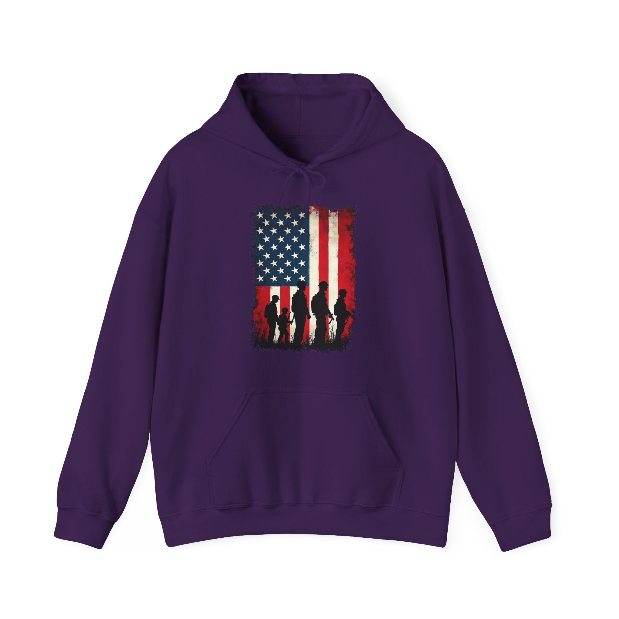 Purple hoodie with American flag and silhouette design on a white background