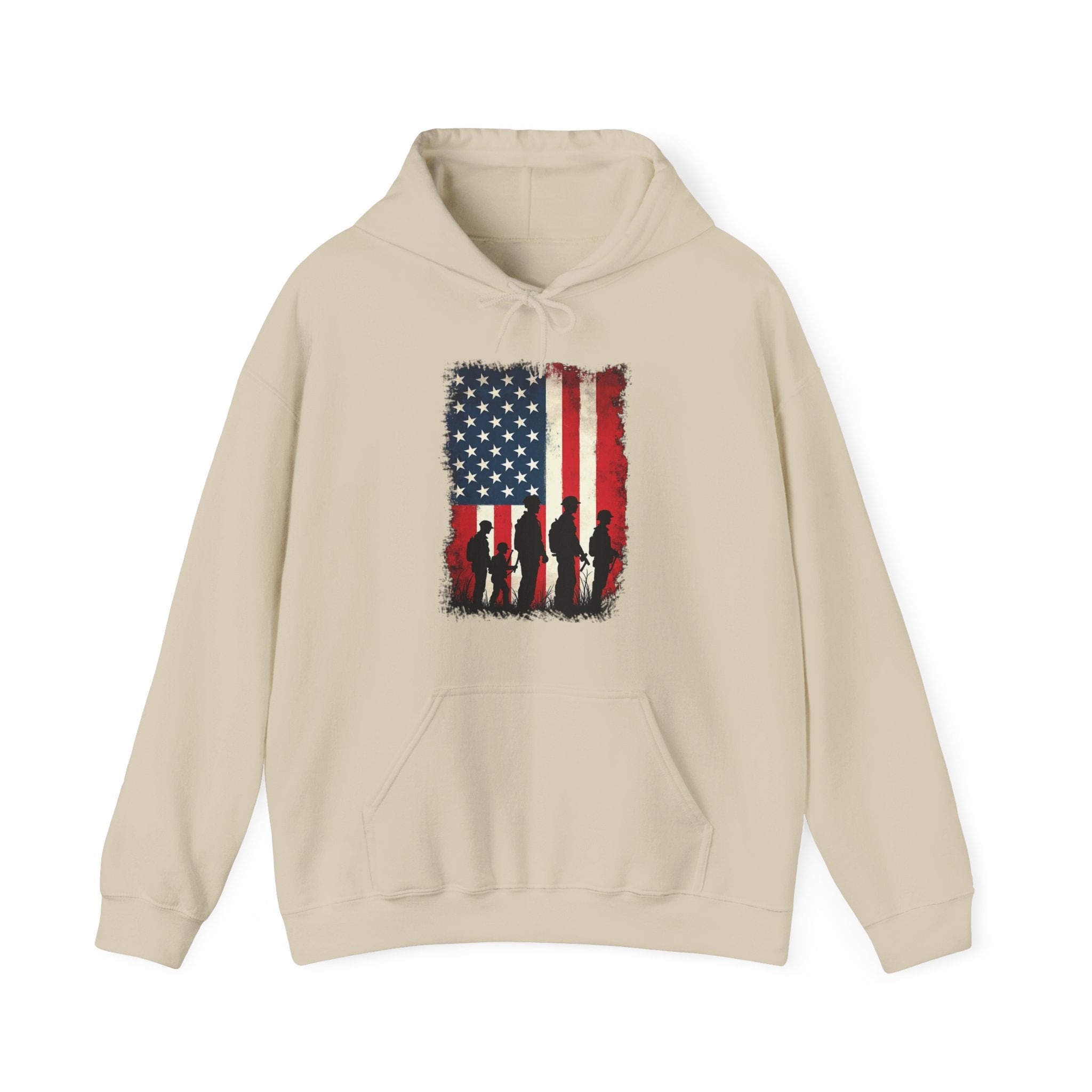 Beige hoodie with American flag and silhouette design on a white background
