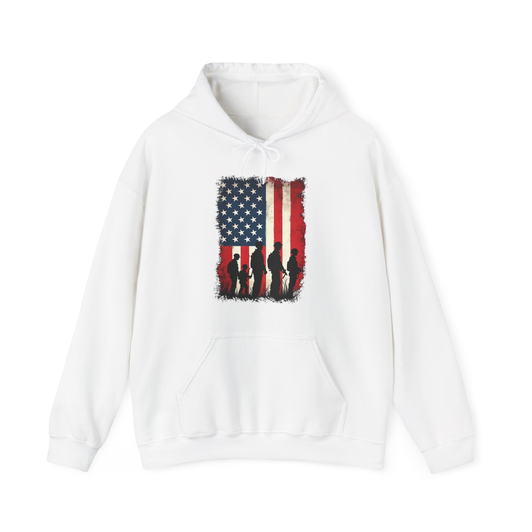 White hoodie with American flag and silhouette design on a white background