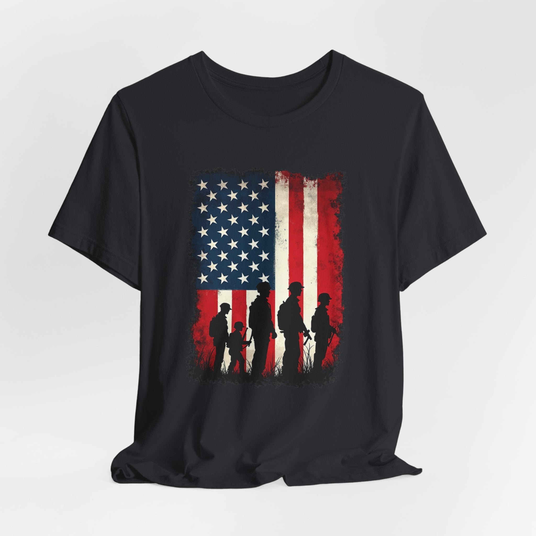 Black t-shirt with American flag and silhouette design on a white background