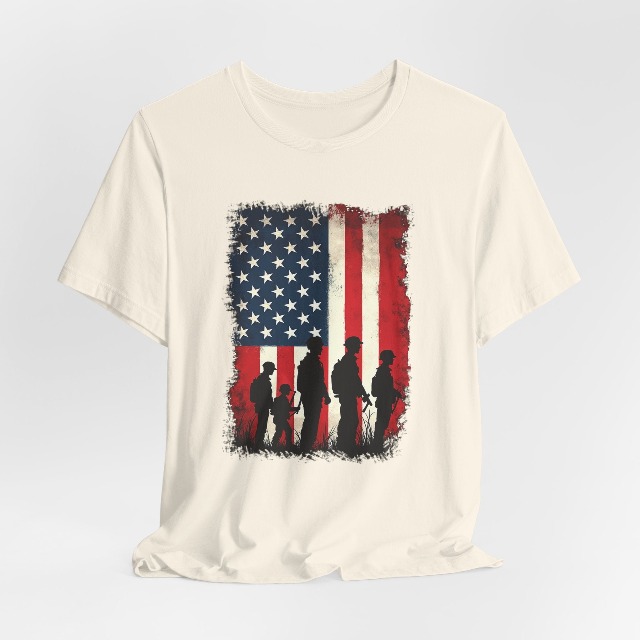 Ivory beige t-shirt with American flag and silhouette design on a light gray background