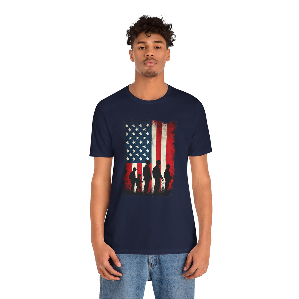 Person wearing a navy blue t-shirt with an American flag design on a white background
