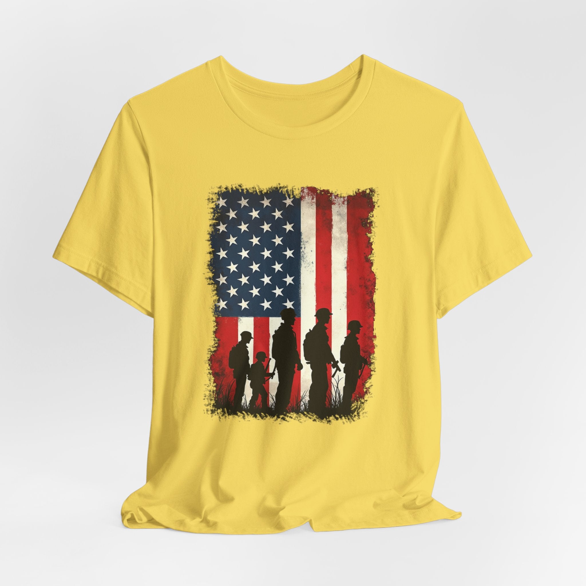 Yellow t-shirt with American flag and silhouette design on a white background