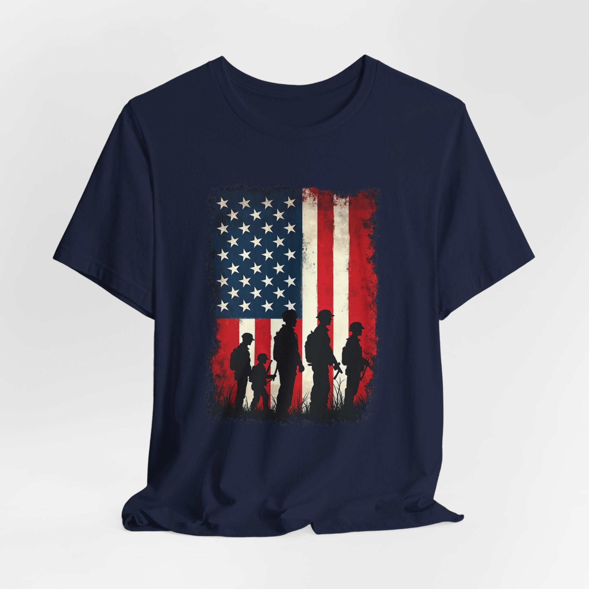 Navy blue t-shirt with American flag and silhouette design on a white background