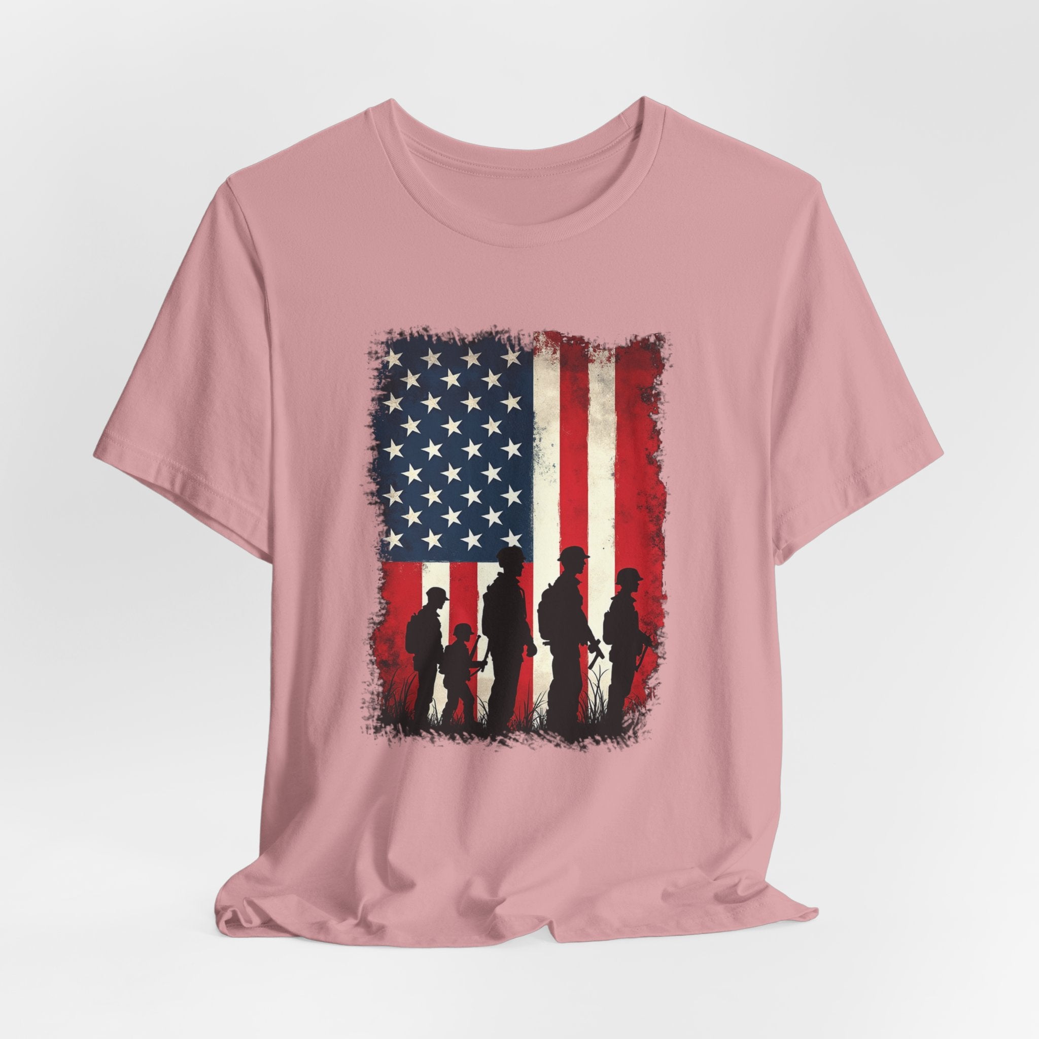 Orchid pink t-shirt with American flag and silhouette design on a white background