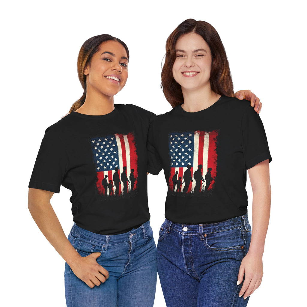 Two women wearing black t-shirts with a graphic of an American flag and silhouettes on a white background.
