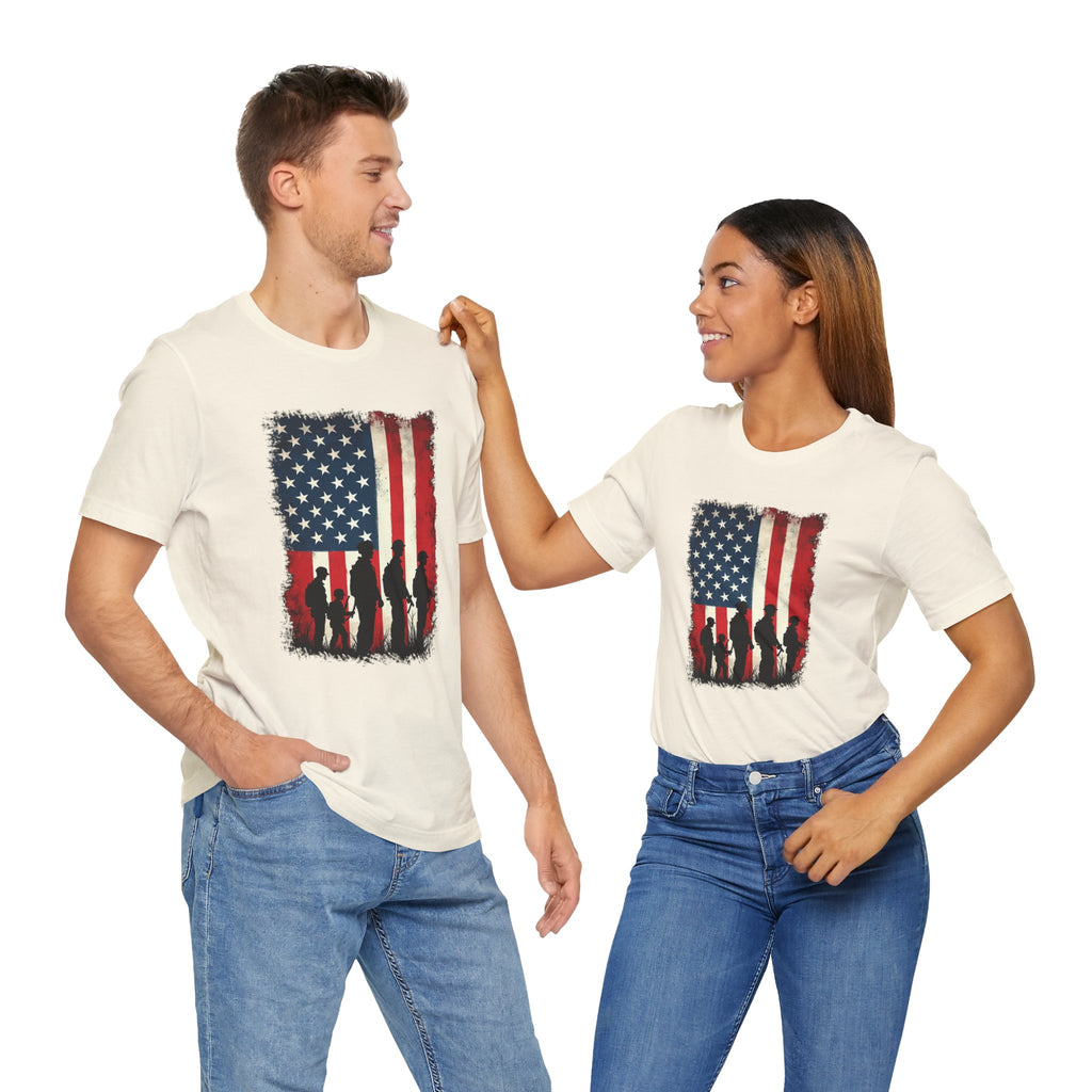 Two people wearing white t-shirts with a graphic design of an American flag and people.