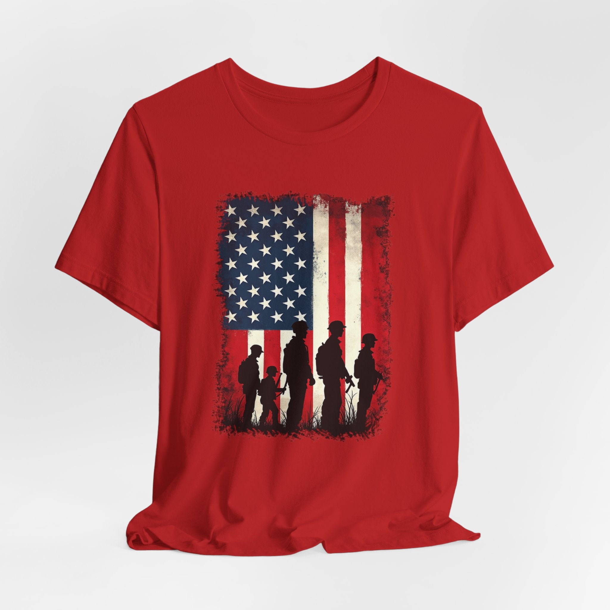 Red t-shirt with American flag and silhouette design on a white background