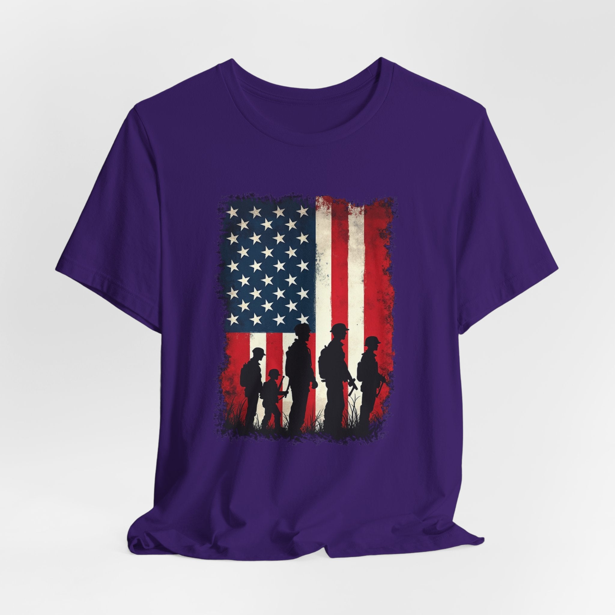 Purple t-shirt with American flag and silhouette design on a white background