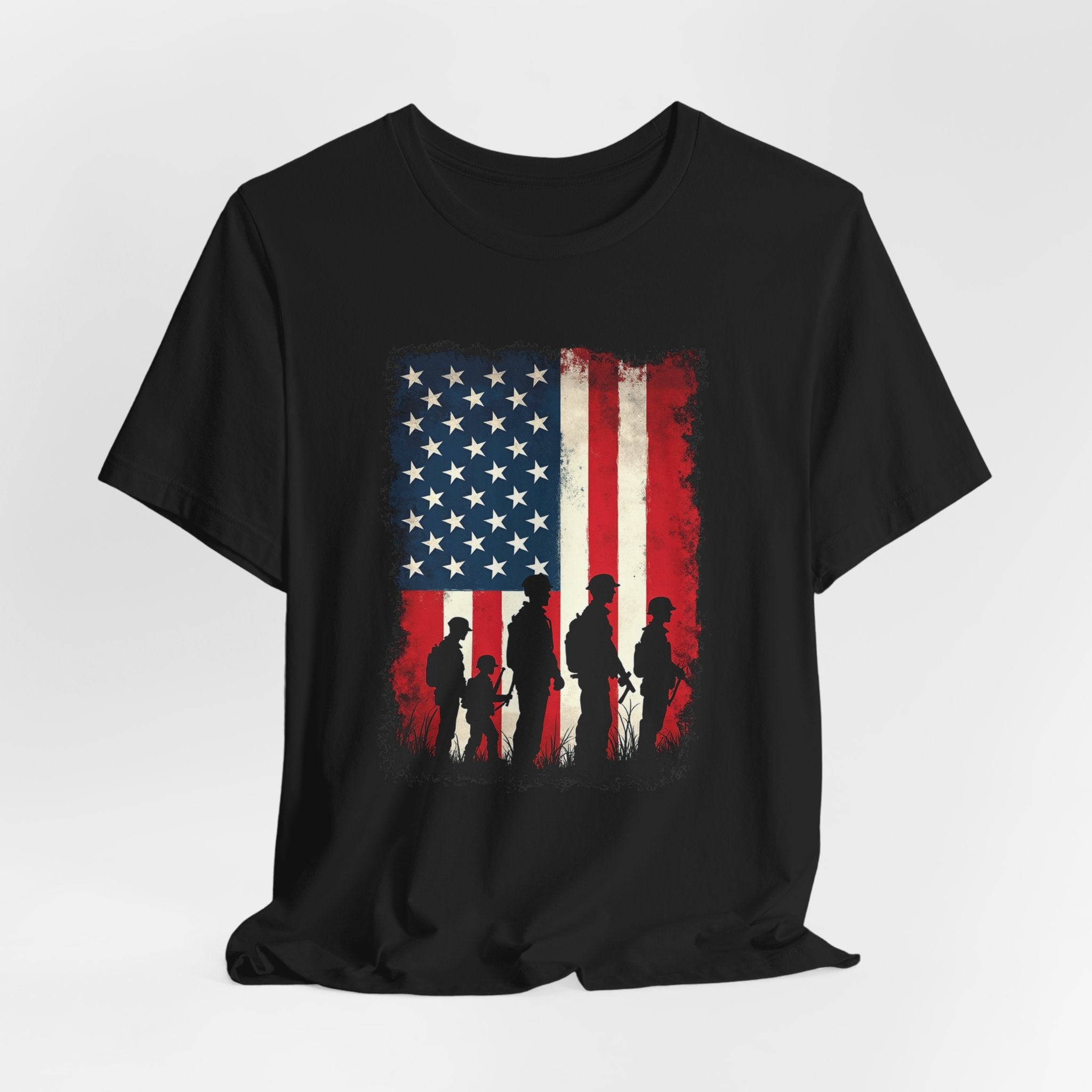 Vintage black t-shirt with American flag and silhouette design on a white background