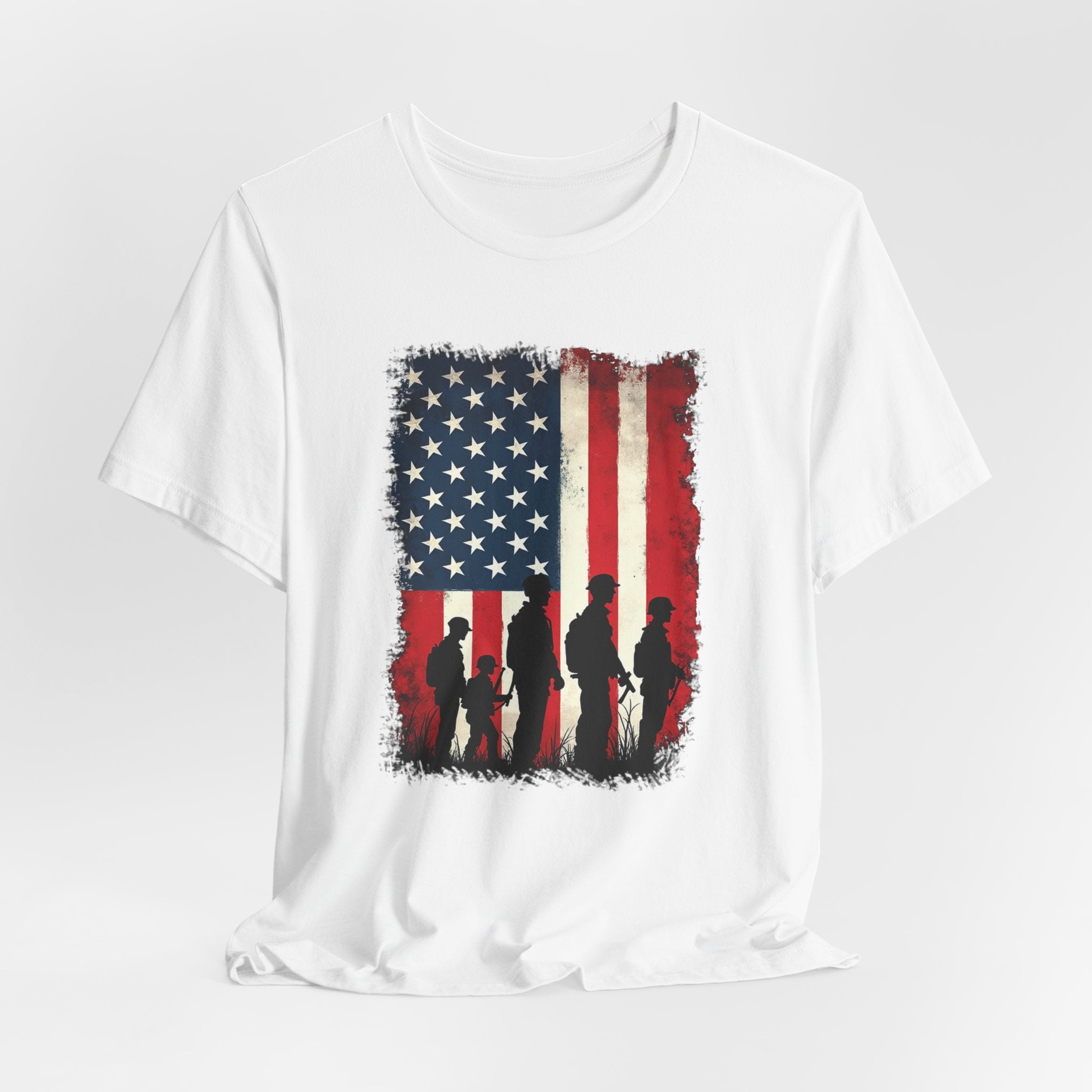 White t-shirt with American flag and silhouette design on a white background