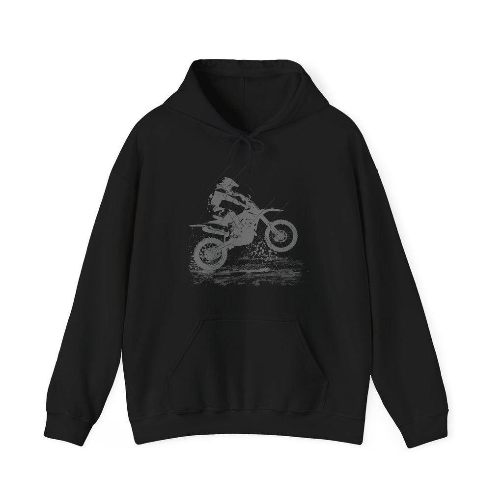Black hoodie with a graphic of a person on a motorcycle on a white background