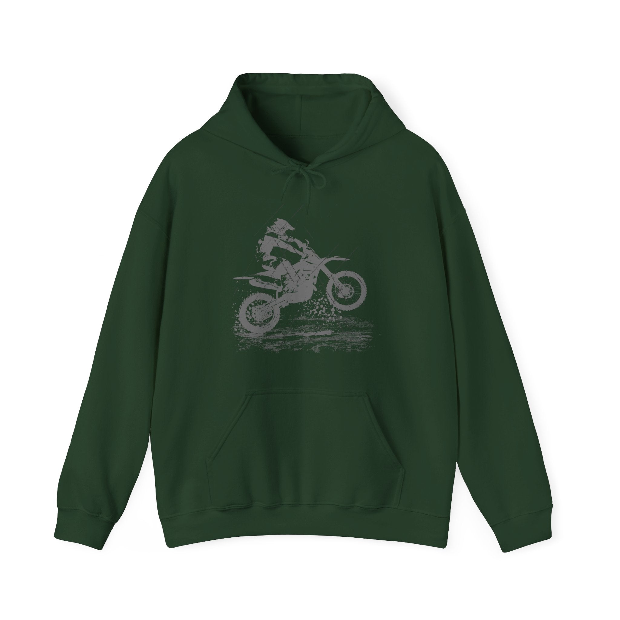 Forest green hoodie with a graphic of a person on a motorcycle on a white background