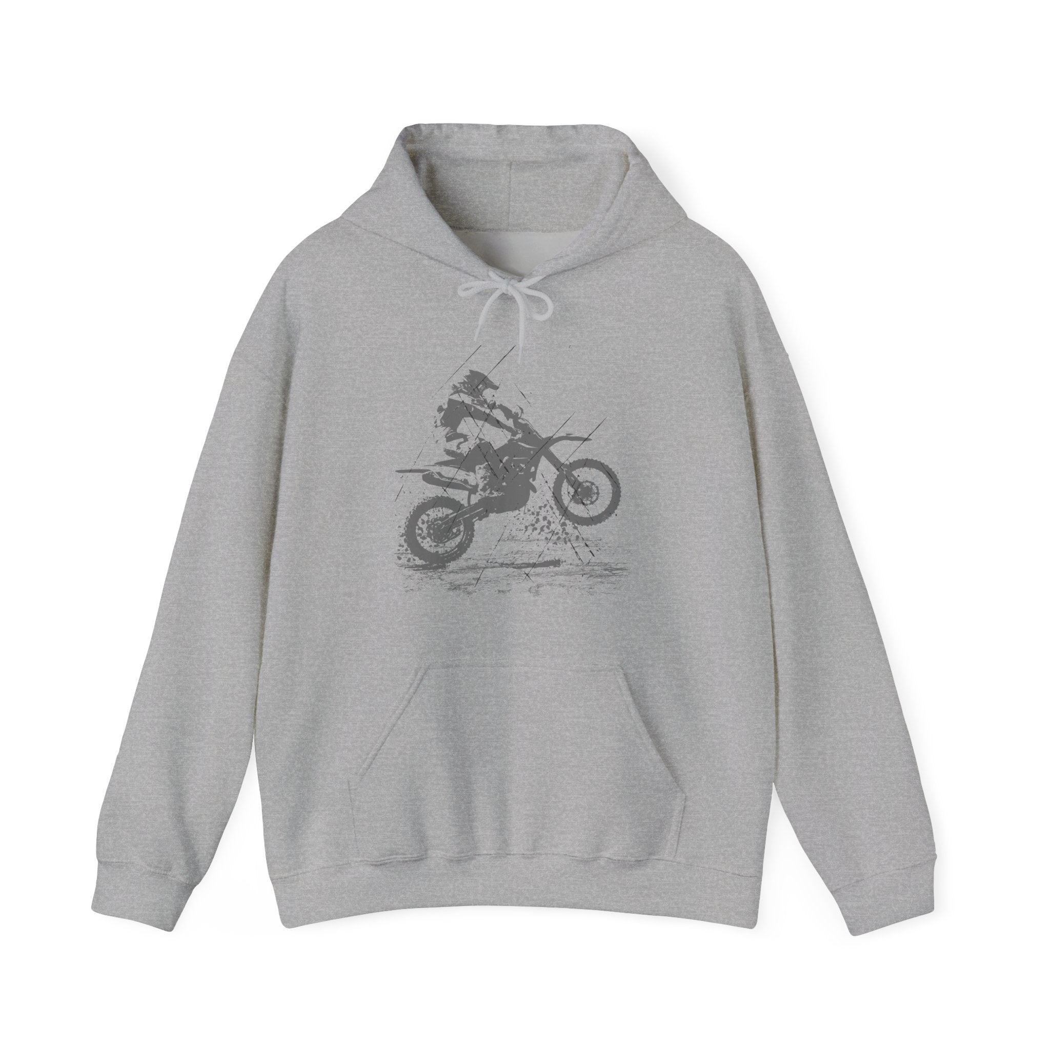 Gray hoodie with a graphic of a person on a motorcycle on a white background