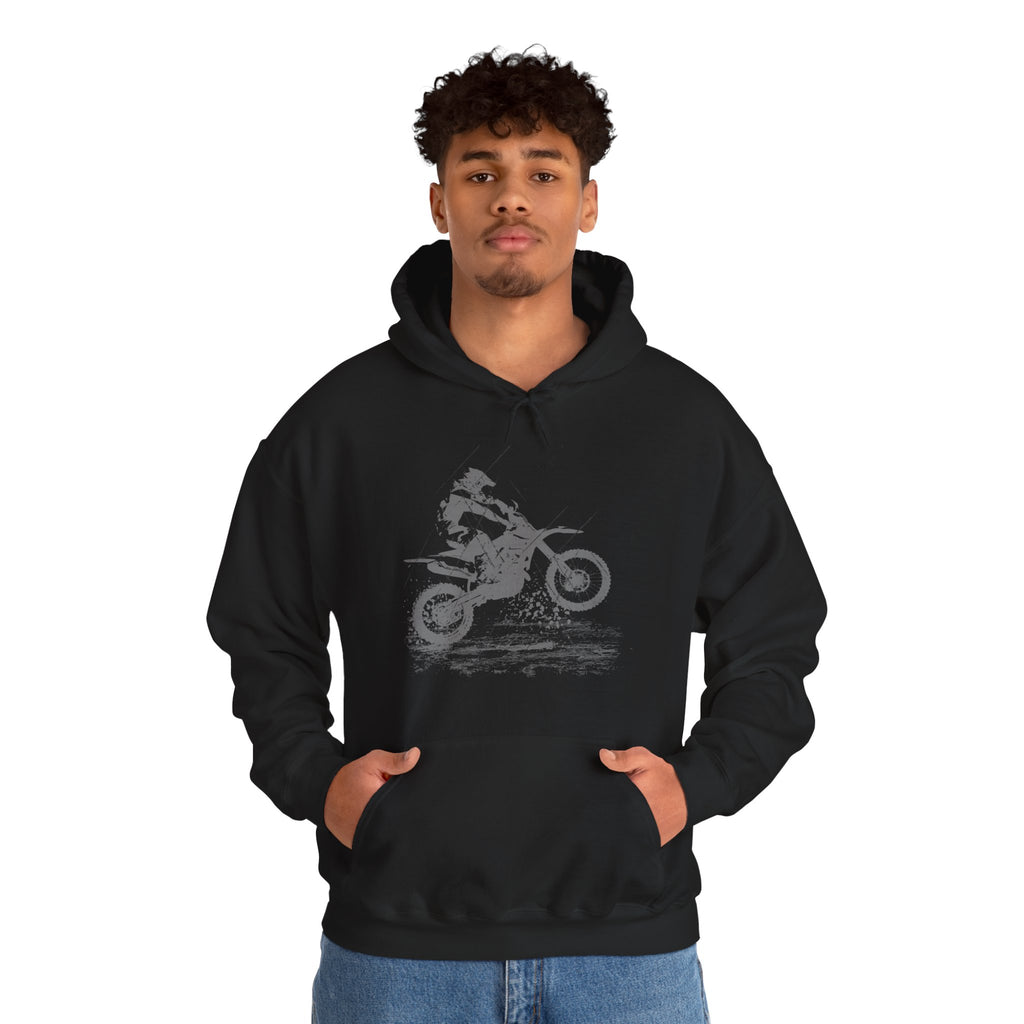 Person wearing a black hoodie with a graphic design on a white background