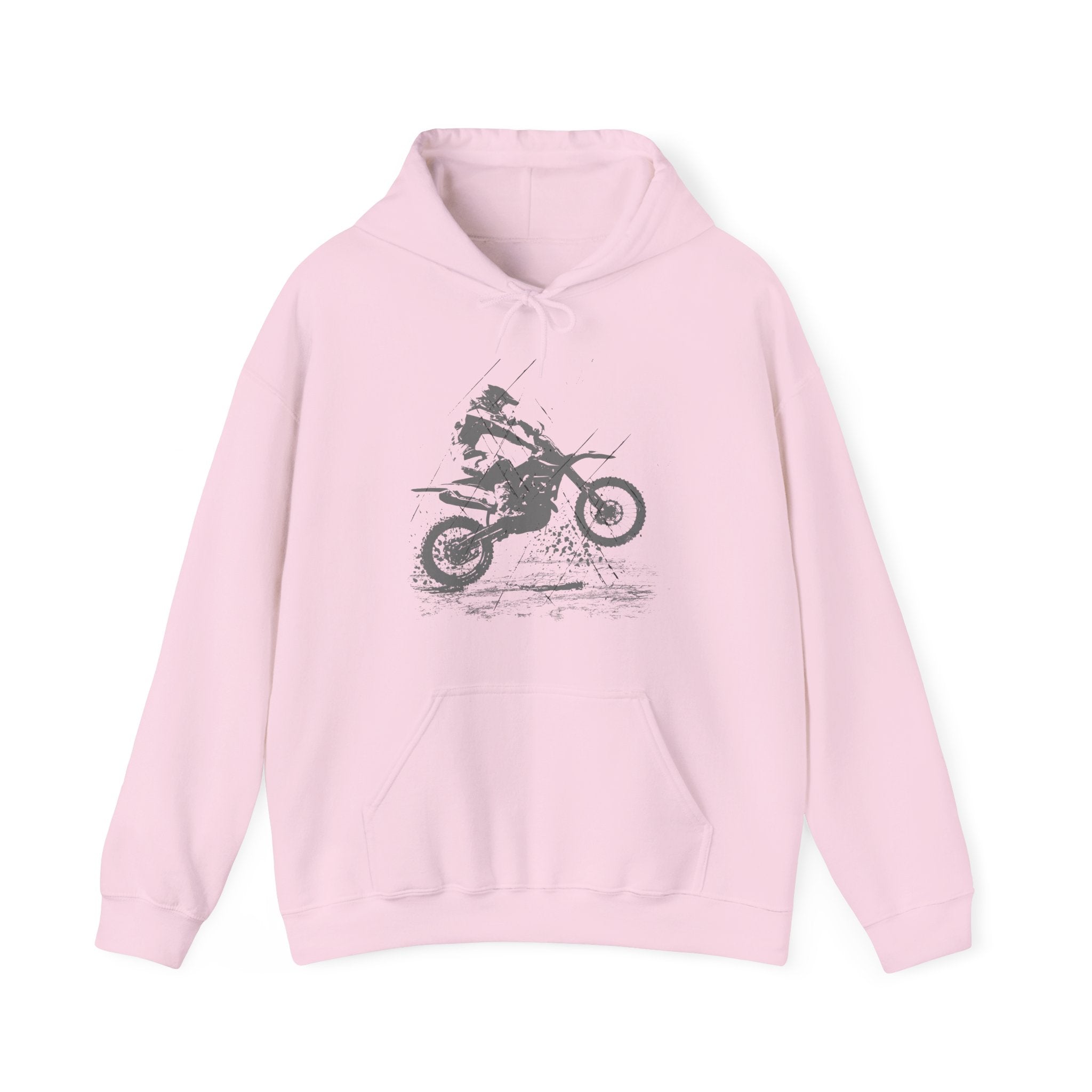 Pink hoodie with a graphic of a person on a motorcycle on a white background