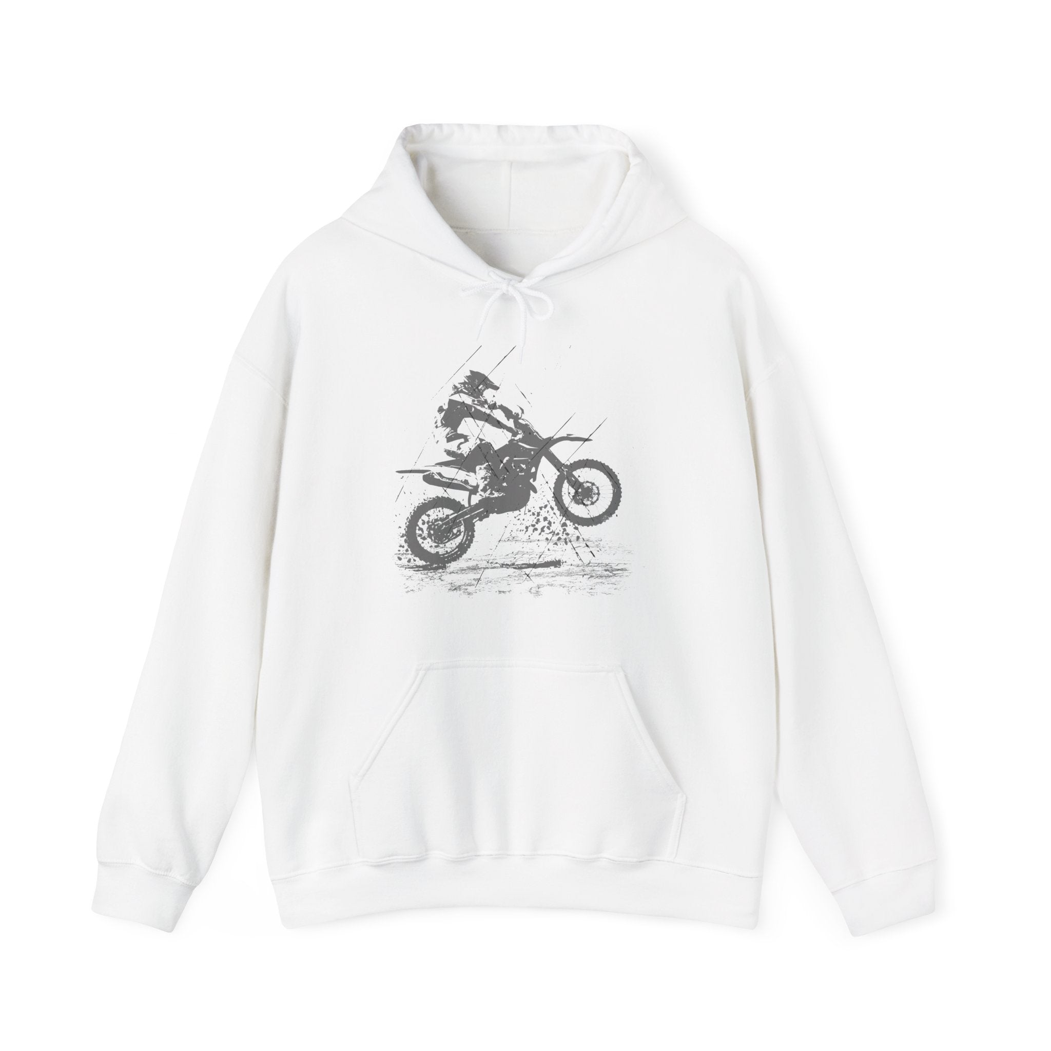 White hoodie with a graphic of a person on a motorcycle on a white background
